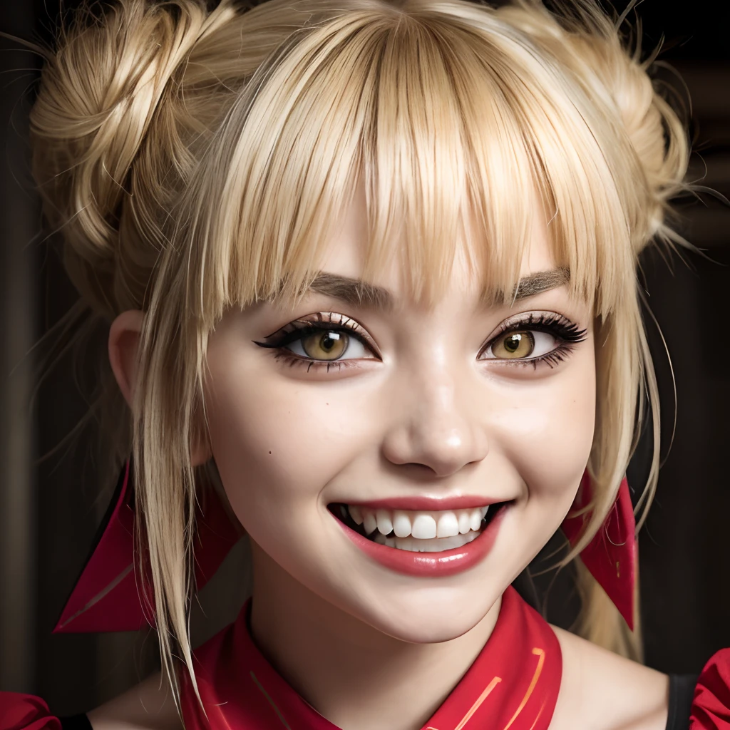 (full body shot, full body:1.2), himiko toga, (blonde hair:1.2),asian, caucasian, blunt bangs, bleached hair, double bun, eyebrows hidden by hair, eyeliner, hair bun, makeup, messy hair, (yellow eyes), fangs, narrow eyes,  creepy smile, realistic, detailed face, girl,  high detailed skin,skin pores, 8k uhd,dslr,soft lighting,high quality,film grain,Fujifilm XT3, (pleated skirt:1.0), eye liner, vampire fangs, (head tilt:1.2), 1girl, (evil smile, creepy stare:1.3), constricted pupils, small pupils, (yellow caridan), long sleeves, (bright red neckerchief:1.2), socks, (fangs:1)