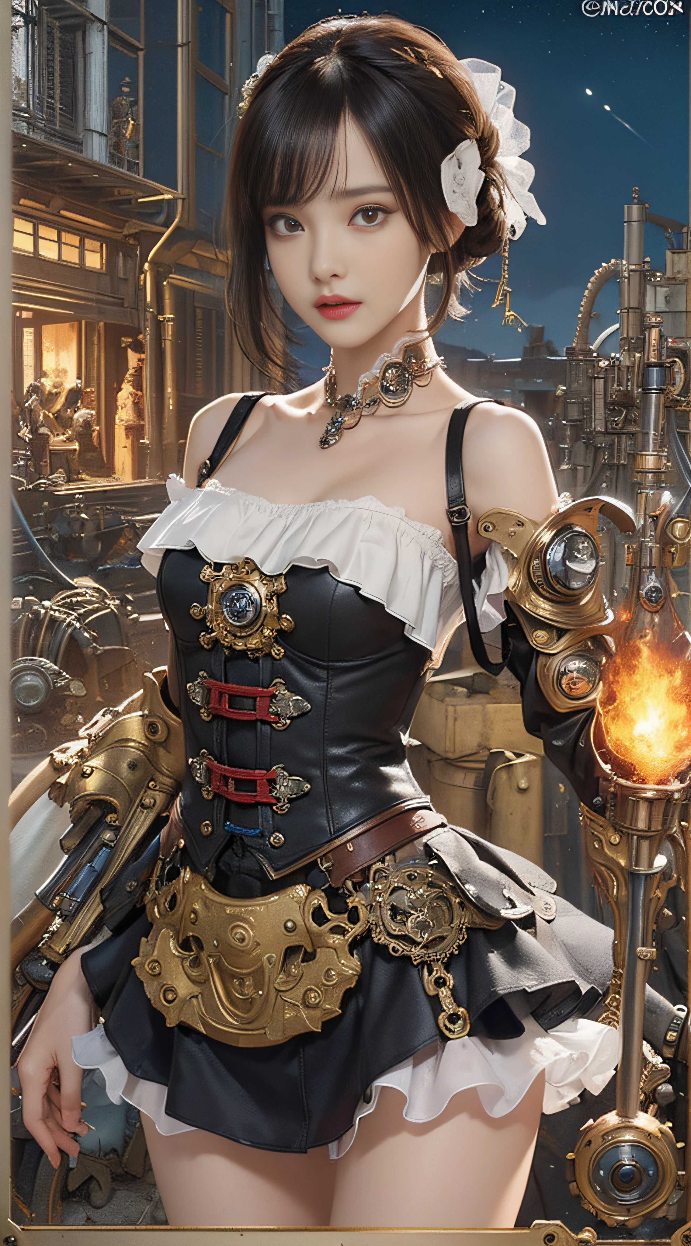 (((Masterpiece))), (((top quality))), (((super detailed))), Combat action poses, One female, (((Very Slender body))), 18 years old, (((short black bob, thick puffy bangs))), cosmetics-free, small thin nose, small thin-lipped mouth, (((very sharp focused eyes))), large slit precision pale grey eyes, sparkling like jewels, Long eyelashes, ((Very intricate mechanical steampunk fashion, Off-shoulder gothic fashion, Lace and ruffle mini skirt, Excessively decorative fashion)), (((The night an abandoned, intricately mechanized steampunk factory burns and explodes))), (((overall accuracy has improved dramatically, creating a super detailed and realistic image))).