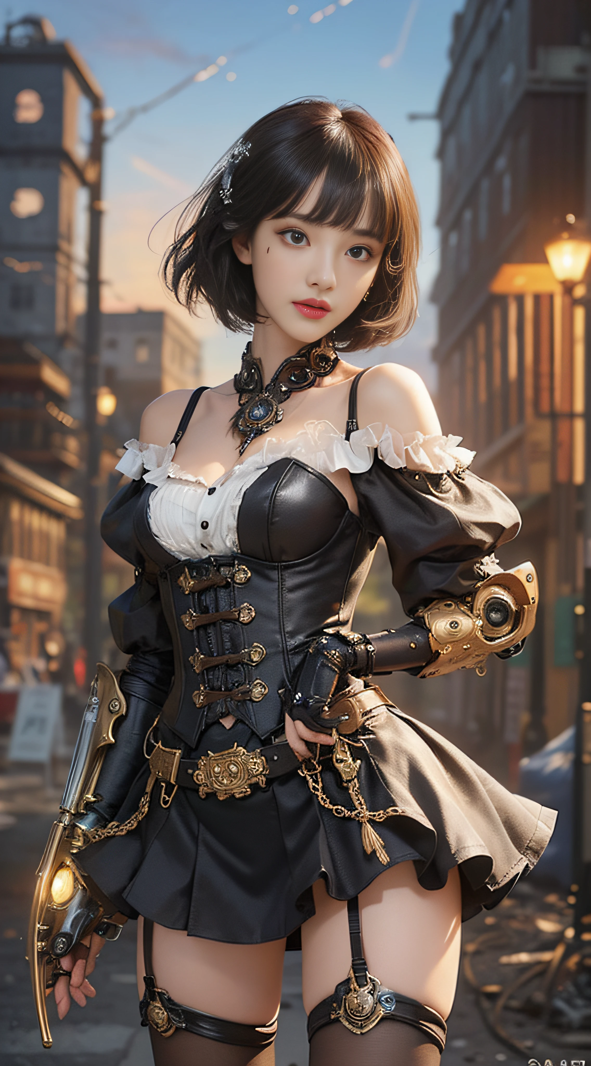 (((Masterpiece))), (((top quality))), (((super detailed))), Combat action poses, One female, (((Very Slender body))), 18 years old, (((short black bob, thick puffy bangs))), cosmetics-free, small thin nose, small thin-lipped mouth, (((very sharp focused eyes))), large slit precision pale grey eyes, sparkling like jewels, Long eyelashes, ((Very intricate mechanical steampunk fashion, Off-shoulder gothic fashion, Lace and ruffle mini skirt, Excessively decorative fashion)), (((The night an abandoned, intricately mechanized steampunk factory burns and explodes))), (((overall accuracy has improved dramatically, creating a super detailed and realistic image))).