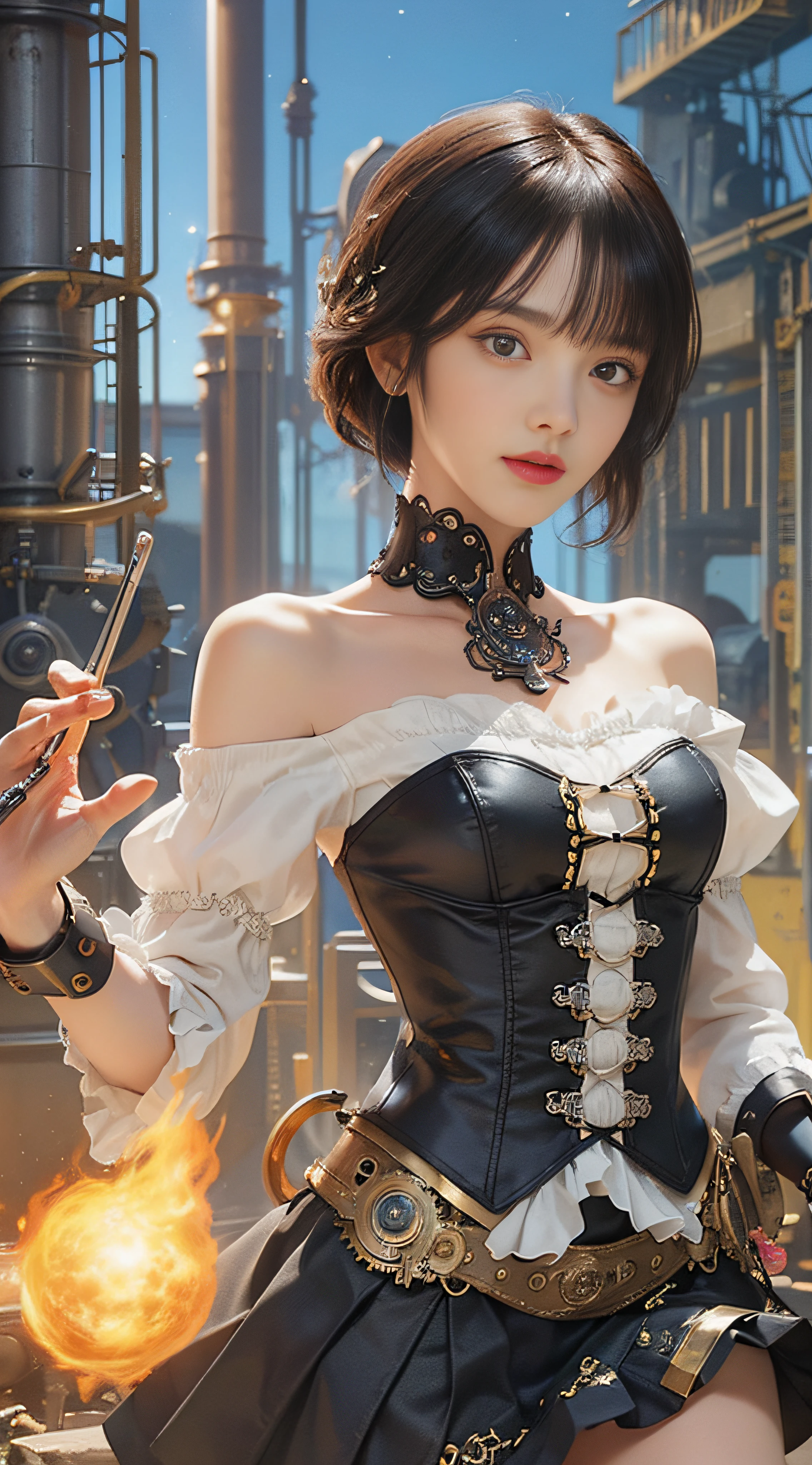 (((Masterpiece))), (((top quality))), (((super detailed))), Combat action poses, One female, (((Very Slender body))), 18 years old, (((short black bob, thick puffy bangs))), cosmetics-free, small thin nose, small thin-lipped mouth, (((very sharp focused eyes))), large slit precision pale grey eyes, sparkling like jewels, Long eyelashes, ((Very intricate mechanical steampunk fashion, Off-shoulder gothic fashion, Lace and ruffle mini skirt, Excessively decorative fashion)), (((The night an abandoned, intricately mechanized steampunk factory burns and explodes))), (((overall accuracy has improved dramatically, creating a super detailed and realistic image))).