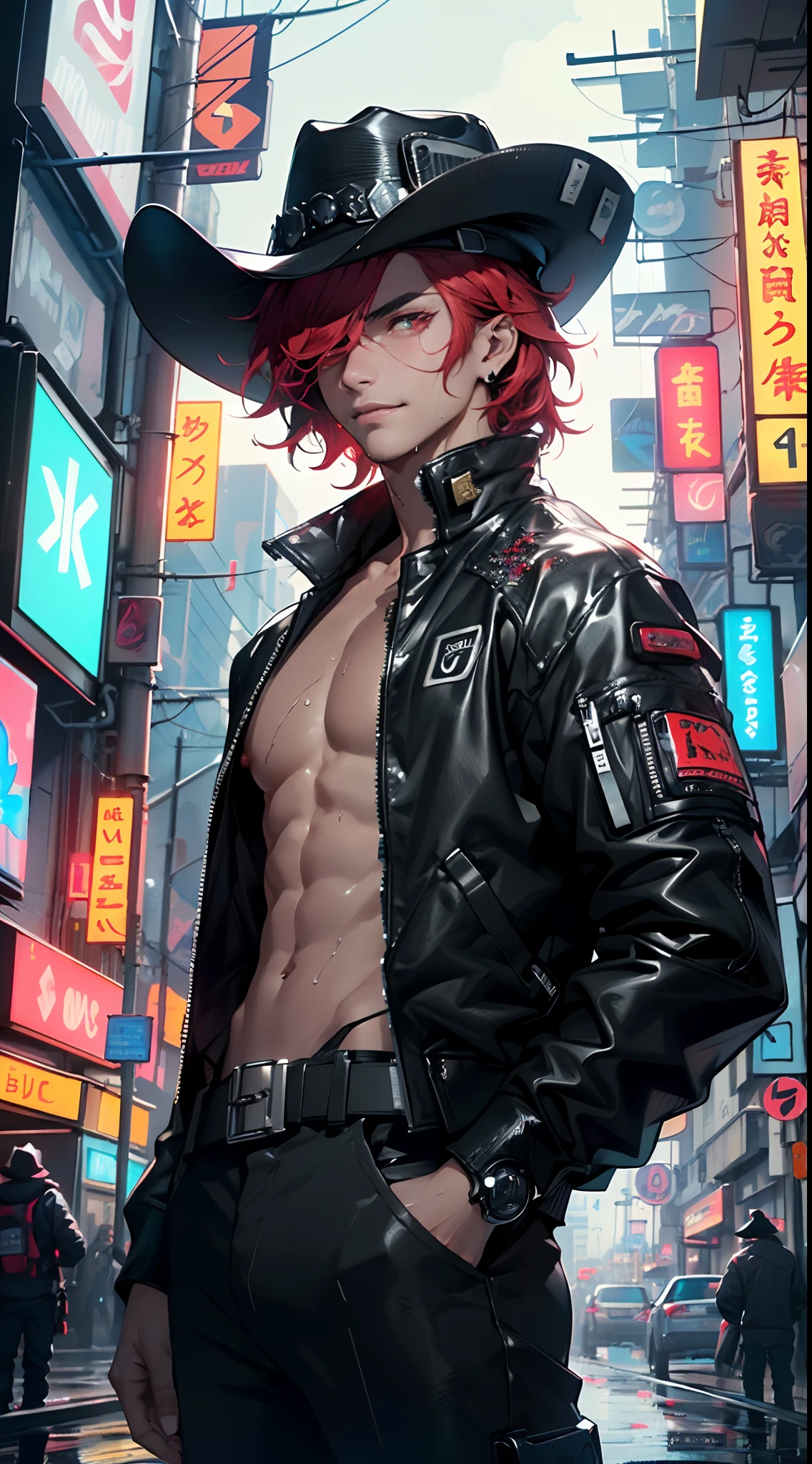 man:1.5,1 man,cyberpunk gunslinger,(((1man))),((man with messy red hair))),
(((1male,man:1.5,handsome man,male,male gender:1.5,male focus))),macho man,
((messy red hair,dark_red_hair,detailed hair,highly detailed hair,red hair,hair over one eye:1.2,dyed interior hair,colored inner hair)),(((lustrous skin:1.5,tanned skin,bright skin: 1.5,skin tanned,shiny skin,very shiny skin,shiny body,illuminated skin))),(((dark_red_eyes:1.2))),intricate eyes,beautiful detailed eyes,symmetrical eyes,((man chest)),handsome face,((muscular)),(((detailed face))),
alluring look,nsfw,
(((bare chest))),dark pants,((bulge in pants)),((gunfighter outfit, (cyberpunk cowboy_hat:1.2))),(wearing a gunfighter outfit:1.3,gunslinger clothes),(cyberpunk gun holster,belt),((wet clothes,intricate outfit,intricate clothes)),
(dynamic pose:1.0),solo focus,((evil smile,evil look)),(centered,scale to fit dimensions,Rule of thirds),
cyberpunk city by the ocean at night, with bright neon signs and dark stormy clouds and puddles, scenery:1.25,
highres, sharp focus, (ultra detailed, extremely detailed), (photorealistic artwork:1.37),(extremely detailed CG unity 8k wallpaper),((synthwave background theme)),(((vibrant colors))),(intricate background),(masterpiece),(best quality),