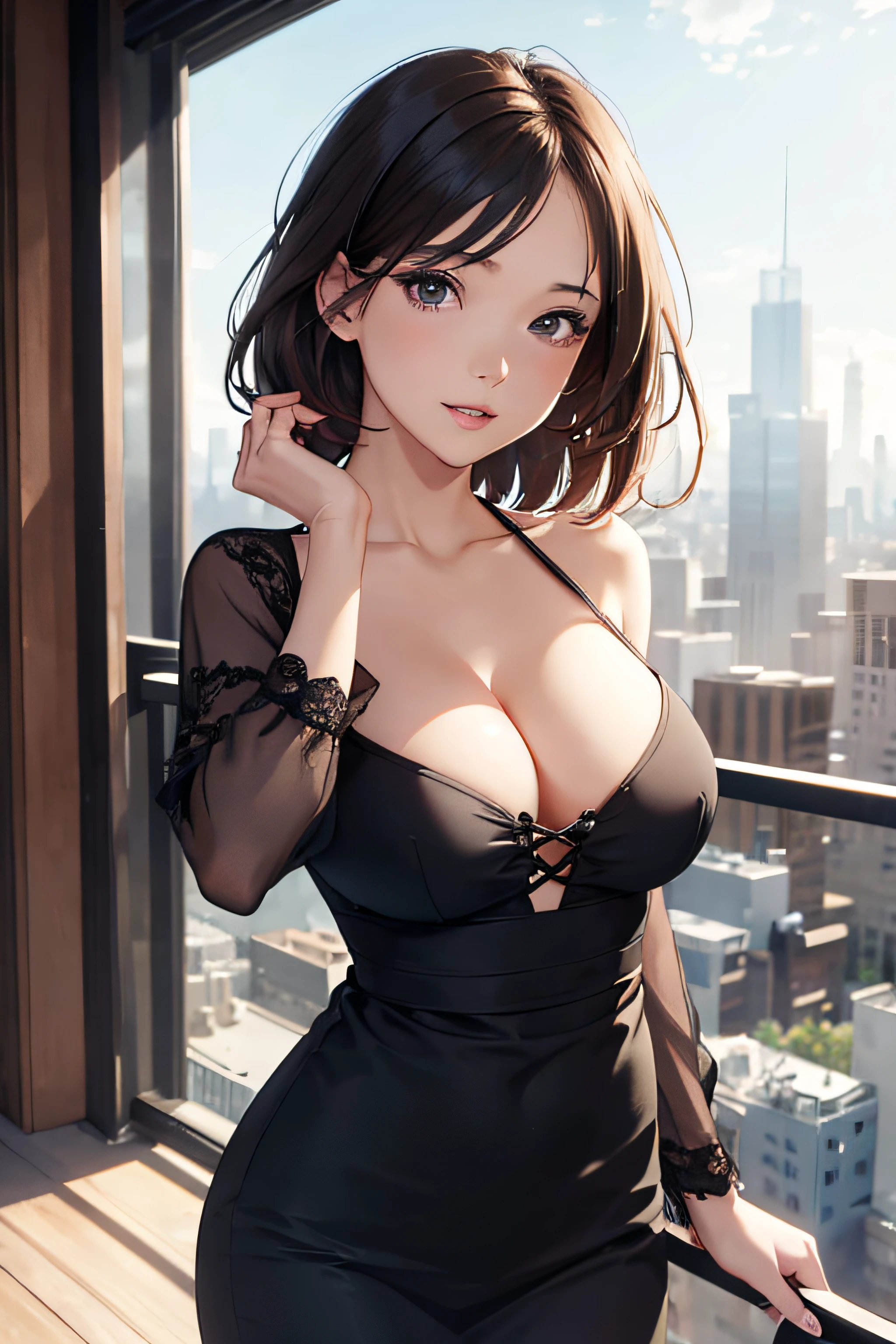 girl in a casual dress, medium breasts, cleavage, cityscape, flirtatious look, ((very detailed)), (perfectly detailed face), (well detailed hand) photorealistic image.