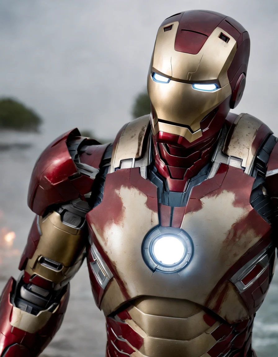 Imagine a scene where Iron Man’s iconic armor lies in shambles, battered and broken from an intense battle. The once gleaming suit is now adorned with deep scratches, gaping holes, torn panels, and shattered limbs. The helmet lies nearby, cracked and broken, revealing a vulnerable glimpse of Tony Stark’s face. Explore the emotions that may be reflected on Stark’s face as he stares at his damaged armor, a stark reminder of the sacrifices and challenges he has faced as a superhero. Consider incorporating elements of determination, resilience, and the indomitable spirit of Iron Man as you depict this poignant moment of strength amidst adversity. Ultra-Realistic. Ultra-Detailed. Ultra-Sharp Hi-Res. 8K.