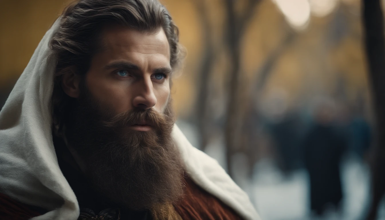 The most beautiful man ever with colorful eyes, a very tall beard, very tall hair and a white cloak