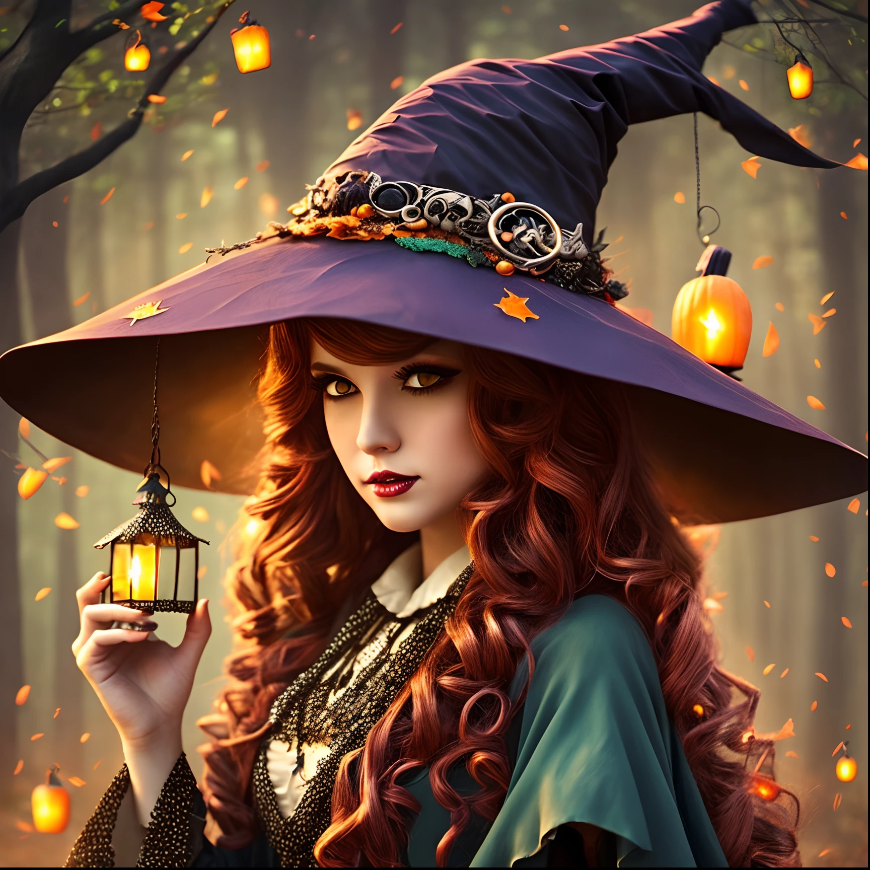 Cute and stylish witch, witch hat, creative witch red clothes, curly hair, Halloween themed pumpkins, lanterns, dark midnight, low lighting, fog, terrifying forest, whimsical, dark fantasy, mysterious, dreamy, vivid, creative, hyper-detailed, high resolution --auto --s2