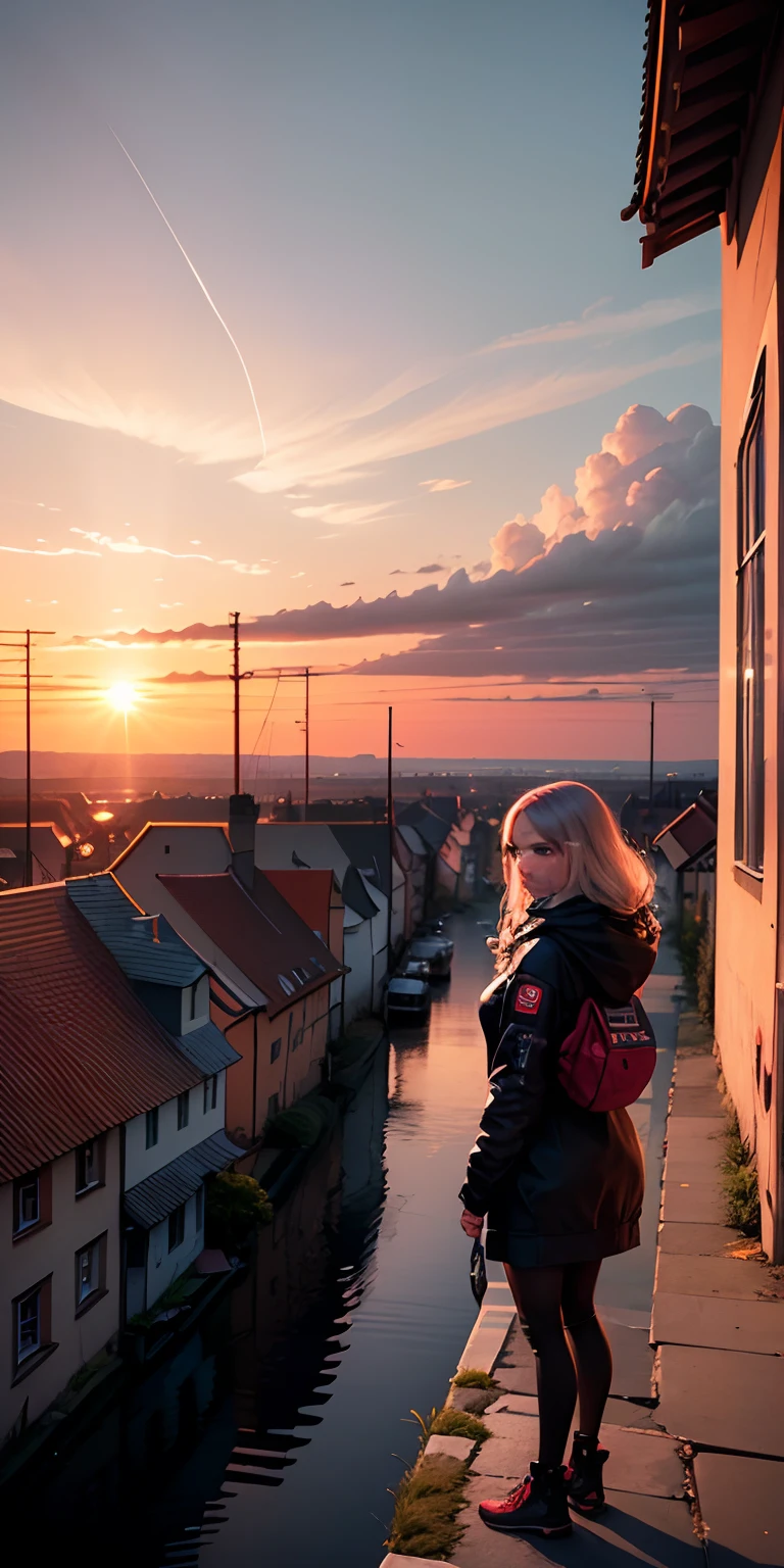 Rendsburg, Germany, Cyberpunk City, Future, Clouds, A light, Atmospheric, detaileds, 4K girl is watching、The sunset is beautiful
