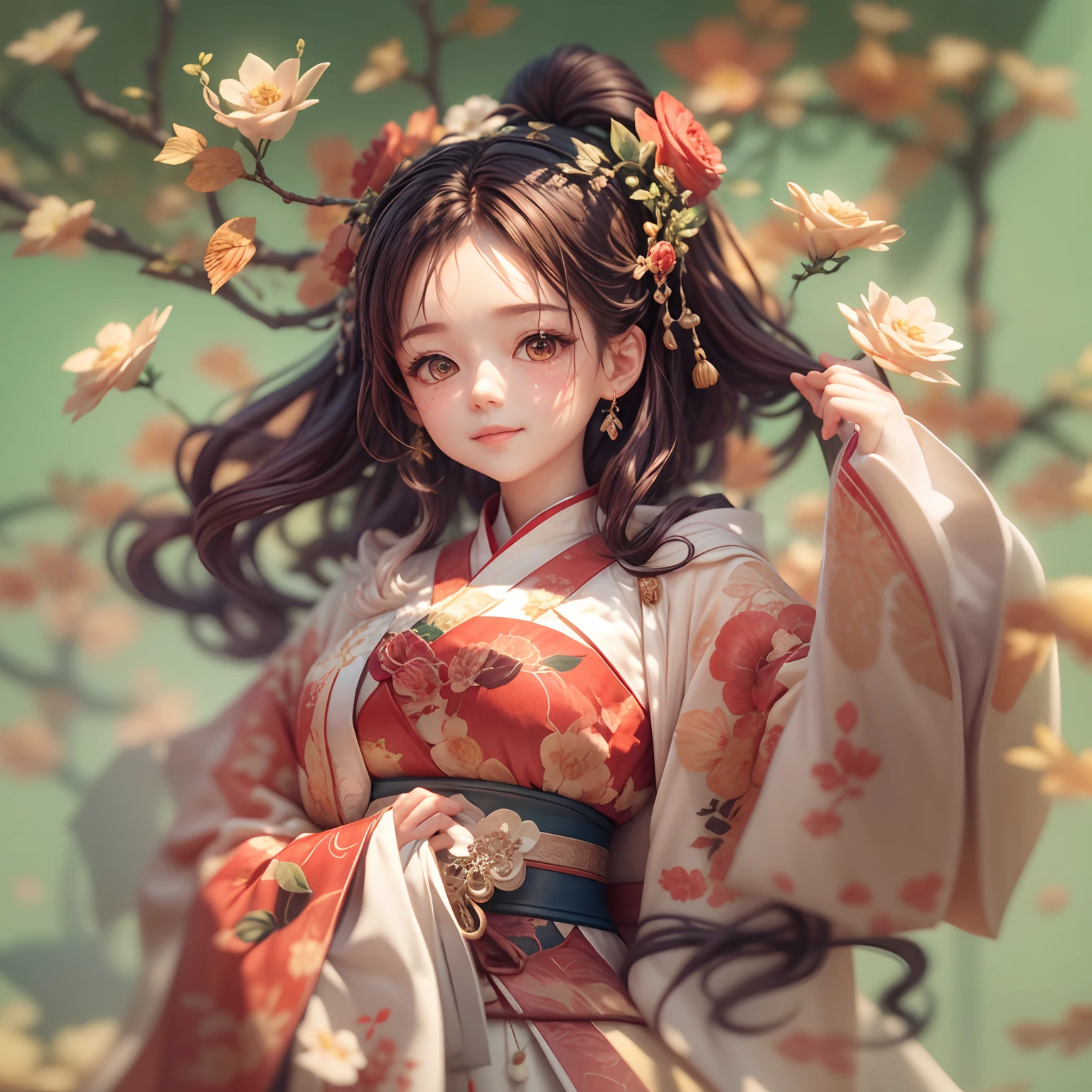 Movie Angle,(Cute girls,anatomy correct,full bodyesbian,Masterpiece camellia,Masterpiece Hanfu,ssmile),(illustratio,paper art,3Drenderingof),(plethora of colors,Best quality,high detal,tmasterpiece,Cinematic lighting effects,4K,Chiaroscuro)