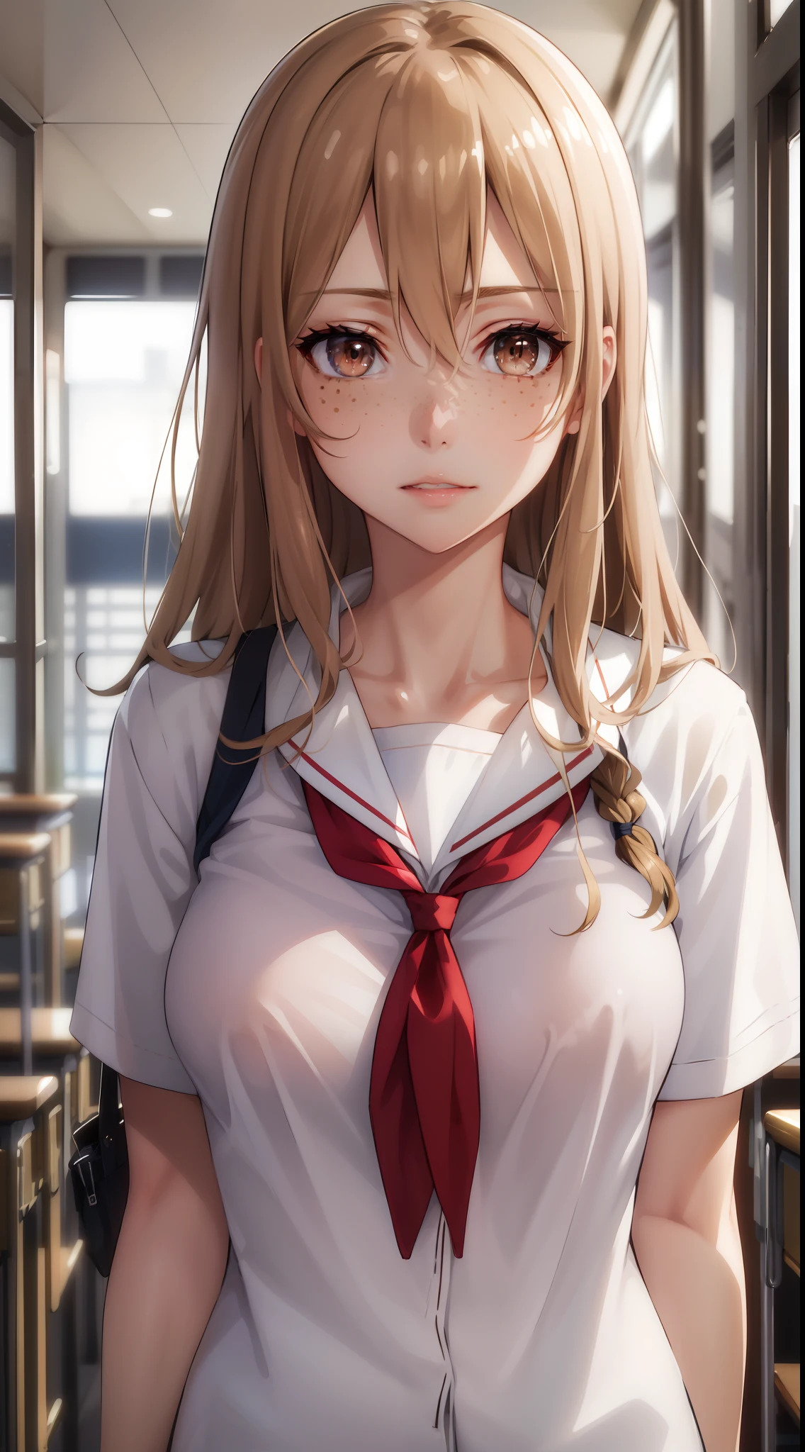 (best quality, highres, masterpiece:1.2), aoki1, brown eyes, freckles, standing, healthy skin, detailed lips, detailed eyes, long eyelashes, expressive face, medium breasts, upper body, soft lighting, vibrant colors, simple and, cum on face, ((school uniform)).