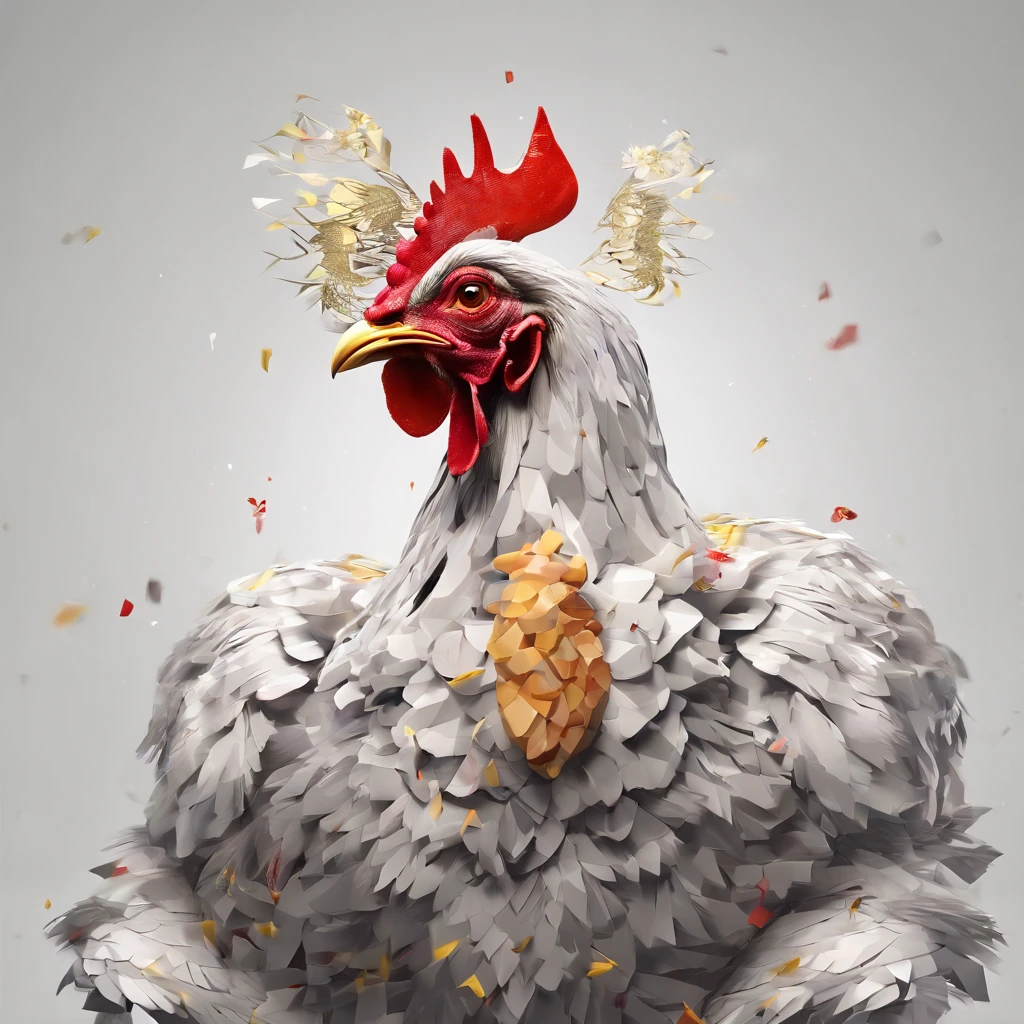 (((The head is a chicken human)))、flying though the air、body builder、Only the head is a chicken human、colourfull、Perfect alignment, body builder、Chickens only the head,Crystal Vase,Rose flower, Wearing sunglasses, cheerfulness, Standing position, Abstract beauty, Centered, Looking at the camera, Facing the camera, Approaching perfection, Dynamic, Highly detailed, Smooth, Sharp Focus, 8K, hight resolution, Illustration, art by carne griffiths and wadim kashin, White background、Kitchen car、body builder、Man with a chicken head、Create a captivating photoshoot featuring Chicken Man, Wear a magnificent tanjak as a traditional headpiece. A majestic head places a chicken human on an enchanting grand throne, Castle in Another World. Use creative editing techniques、Head blends chicken human and luxurious settings seamlessly, Elevate the overall atmosphere with subtle magic and ethereal elements. This piece should evoke a strong sense of awe, power, and Enchanted, Chicken-headed bodybuilder in glittering costume、Invites the viewer to an enchanted and mythical world where only the king of chickens rules only the head