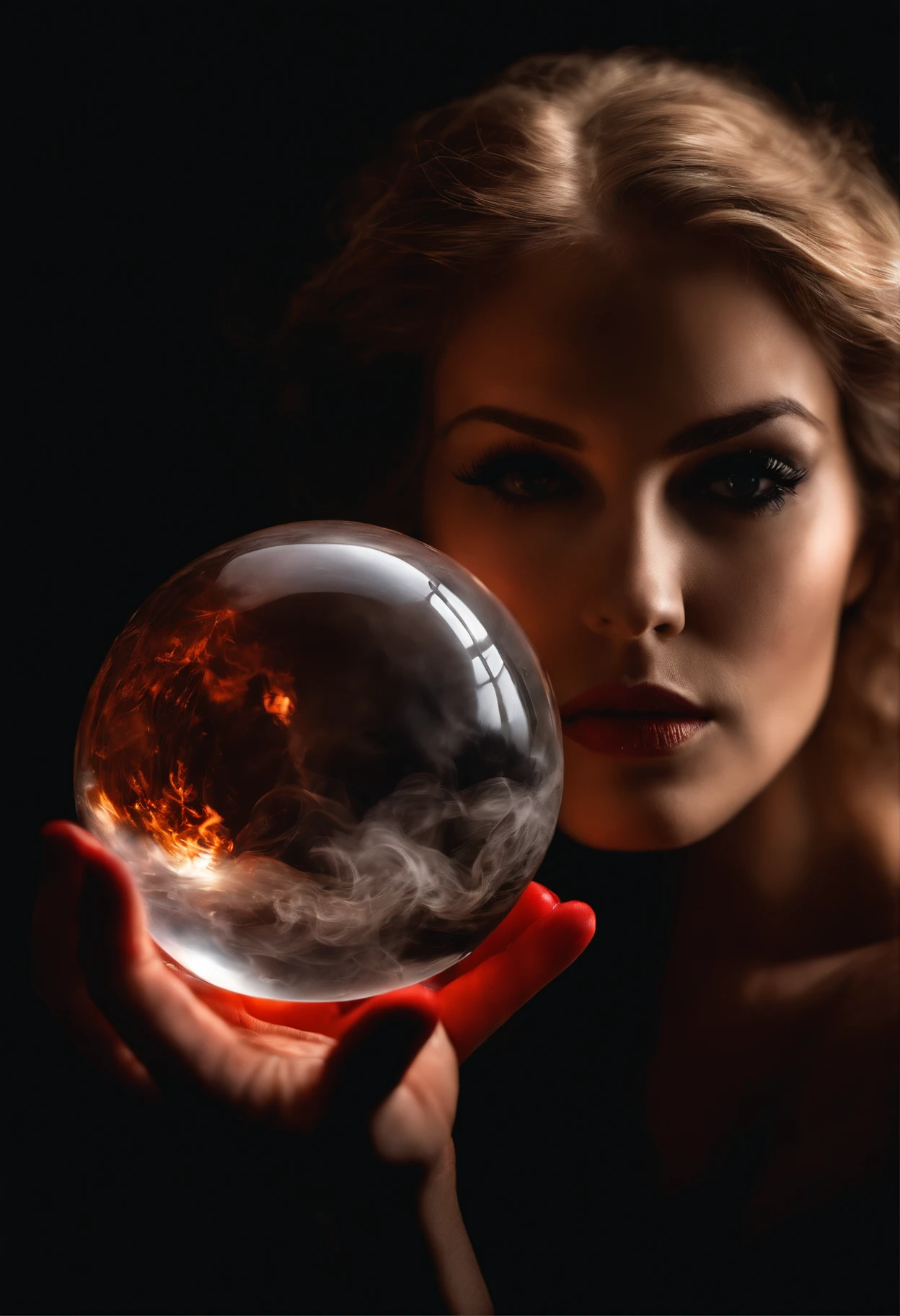 double exposure image by blending together a smokey scene and a crystal ball. The smoke should serve as the underlying backdrop, with its details subtly incorporated into the glossy crystal ball where a womans head is entrapped, Sharp focus, double exposure, glossy crystal ball, (translucent glass figure with a beautiful white haired woman), (wavy hair:1.3), looking at the viewer, (smoke inside), vibrant yet ominous, beautiful woman, red colors, decadence, intricate design, hyper-realistic, high definition, extremely detailed, dark softbox image, raytracing, cinematic, HDR, photorealistic (double exposure:1.1)