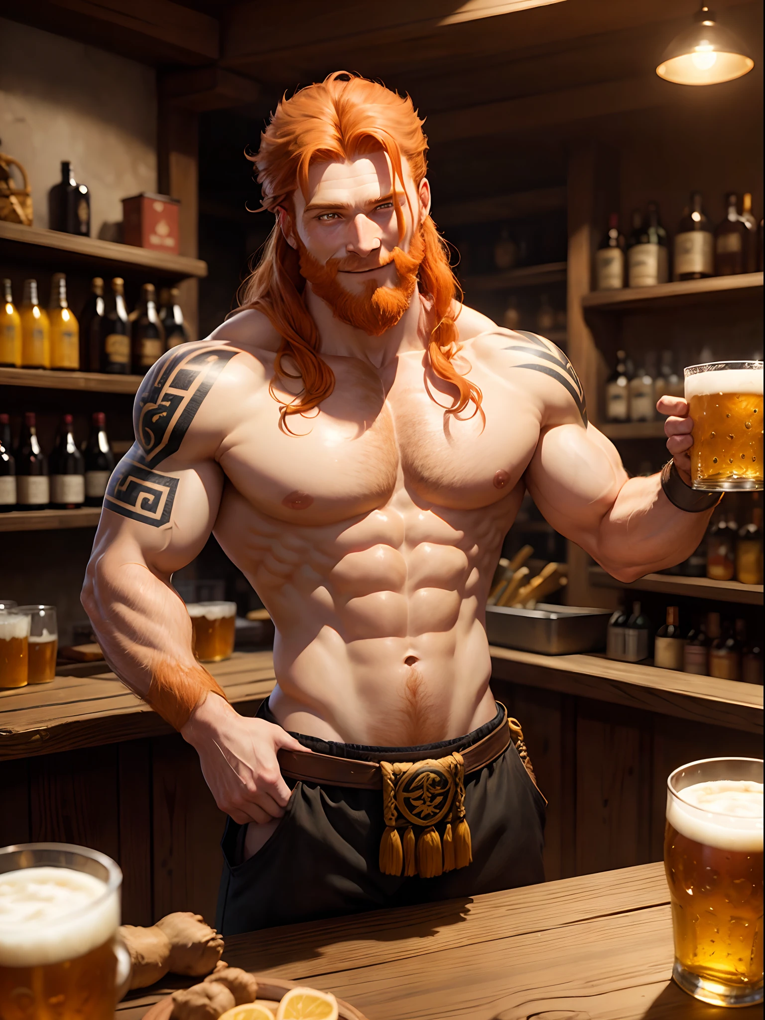 Ginger hair, demigod, Hercules Body, Mullet hair, Ginger Beard, Smiling, Yellow eyes, Celtic Tattoos on his wrists, in a tavern, Holding a Beer