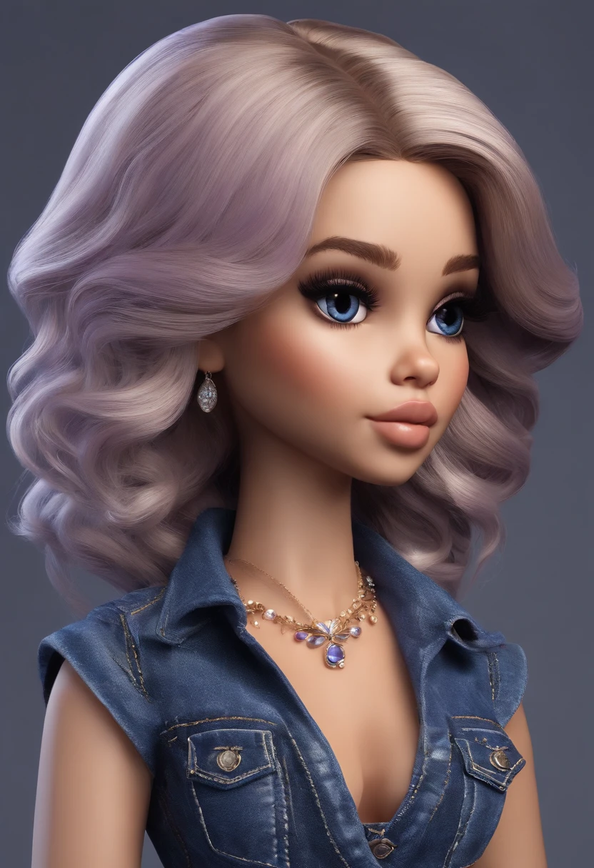 menina gordinha, cabelo azul, cabelo cacheado, chibi, corpo inteiro, Denim Jeans Pants, lilac blouse, descolada, totalmente vestida, olhos pretos,desenho 3d