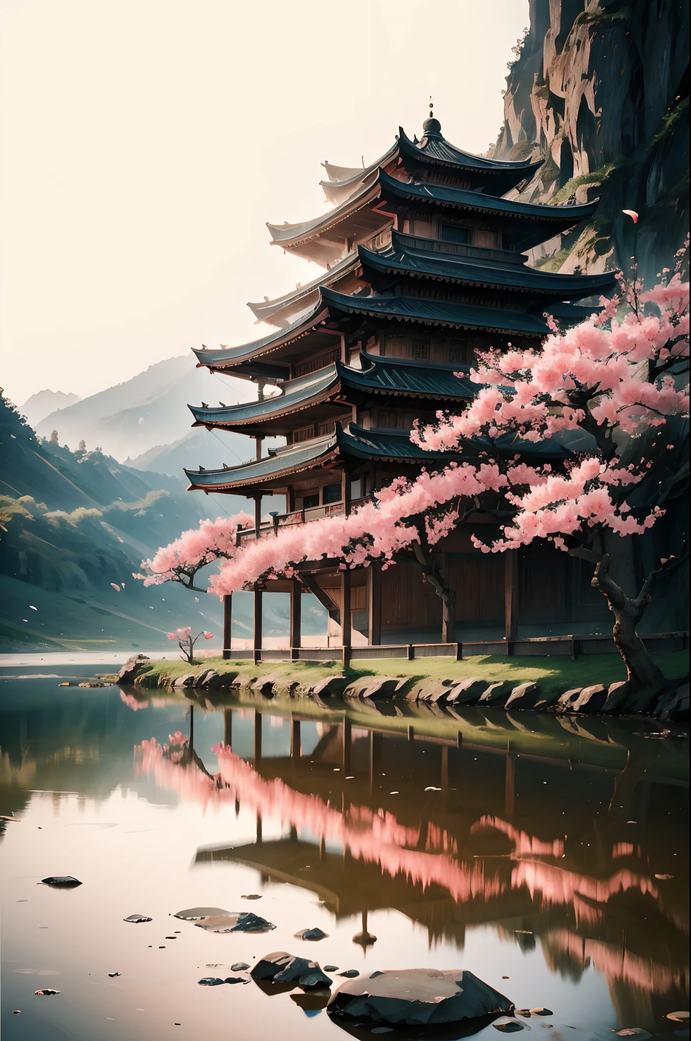 Cinematic lighting，Peach blossom tree, pontes de madeira,tree house,Gramados
，Aquarelas，Chinese style ancient，Ponte arqueada，belas cenas de anime，Ama，Reflection on the surface of the water，pega，em rosa，deliciado，HighestQuali，（tmasterpiece：1,2），melhor qualidade，tmasterpiece，Original，papel de parede extremamente detalhado，perfect lighting，（CG extremamente detalhado:1.2）