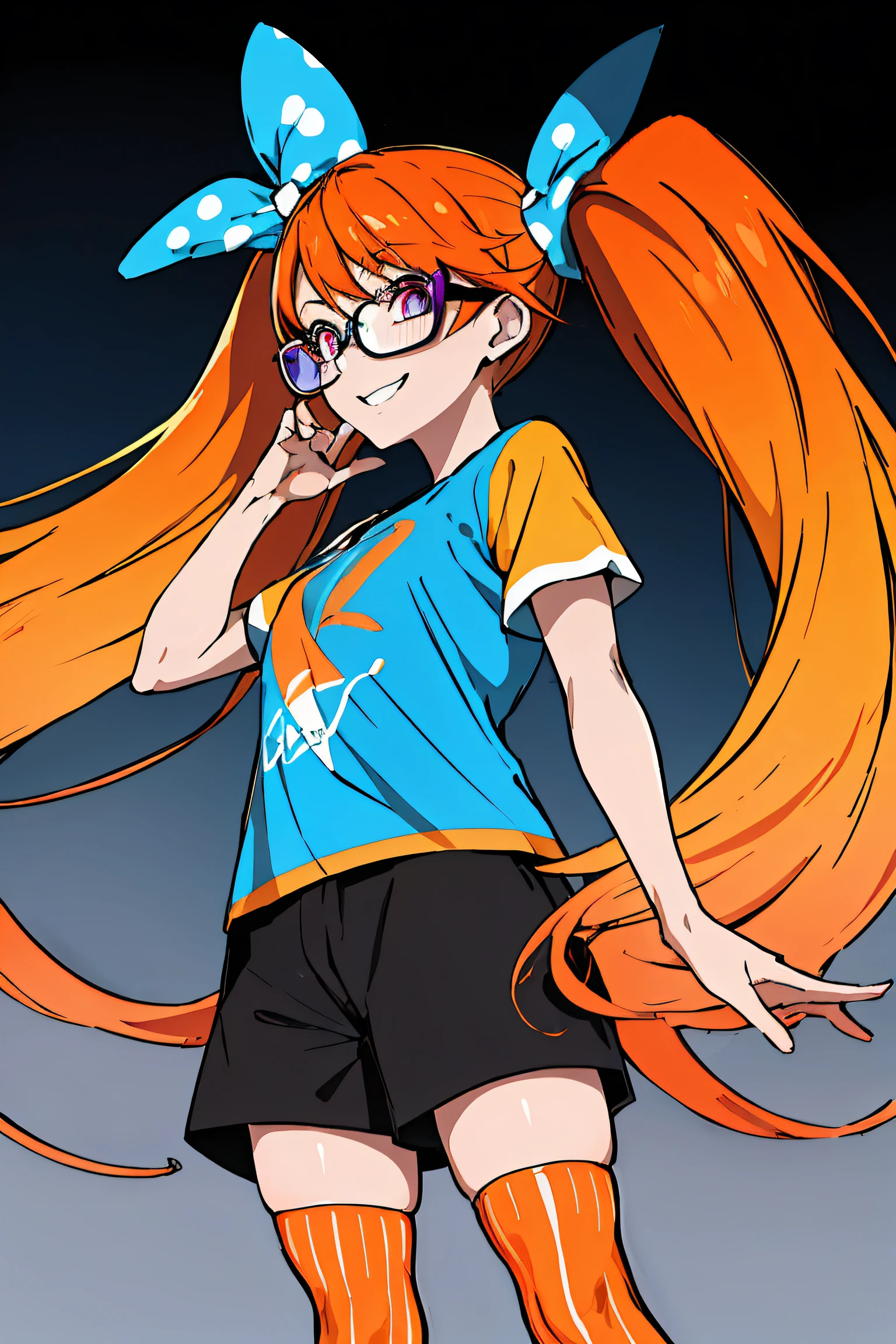 (absurdres, 8k, 4k, masterpiece, hyper extreme detailed:1.2), solo, 1girl, front view portrait, best quality, expressive eyes, perfect face, 1girl, portrait, titan, very long hair, t-shirt, twintails, polka dot bow, orange gradient hair, stockings, pale, adult, short, fun, happy, funny, comedic, smile, forward view, dot pupils, black shorts, gradient hair, blue gradient, purple gradient, orange gradient, smirk, floating, glasses, candy, graphic t-shirt, standing, white shirt, jacket, orange stockings with white stripes,