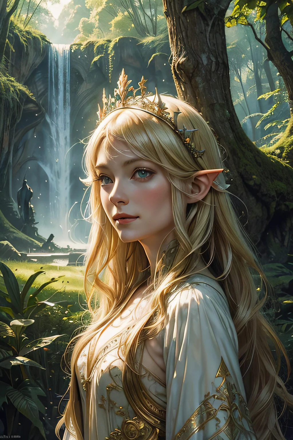 Esad Ribic, Gustave Moreau, Moebius, Jakub Rozalski, Alan Lee, Brom, Frazetta, highly detailed watercolor and pencil outlined drawing, astonishing eternal and divine blond elven beauty, portrait of Galadriel in a arboreal environment, with a smile that exudes the joy of living, Galadriel is amazed by the beauty of the forest, Deep ancient mystical forest of Lothlórien, giant ivory trees with golden leaves, middle earth, Galadriel wears a robe made of intricate fine golden embroidery that draws complex interlacing, Galadriel wears a crown of multicolored flowers on her head that bring splashes of vivid colors, a natural mystical atmosphere floats in the air