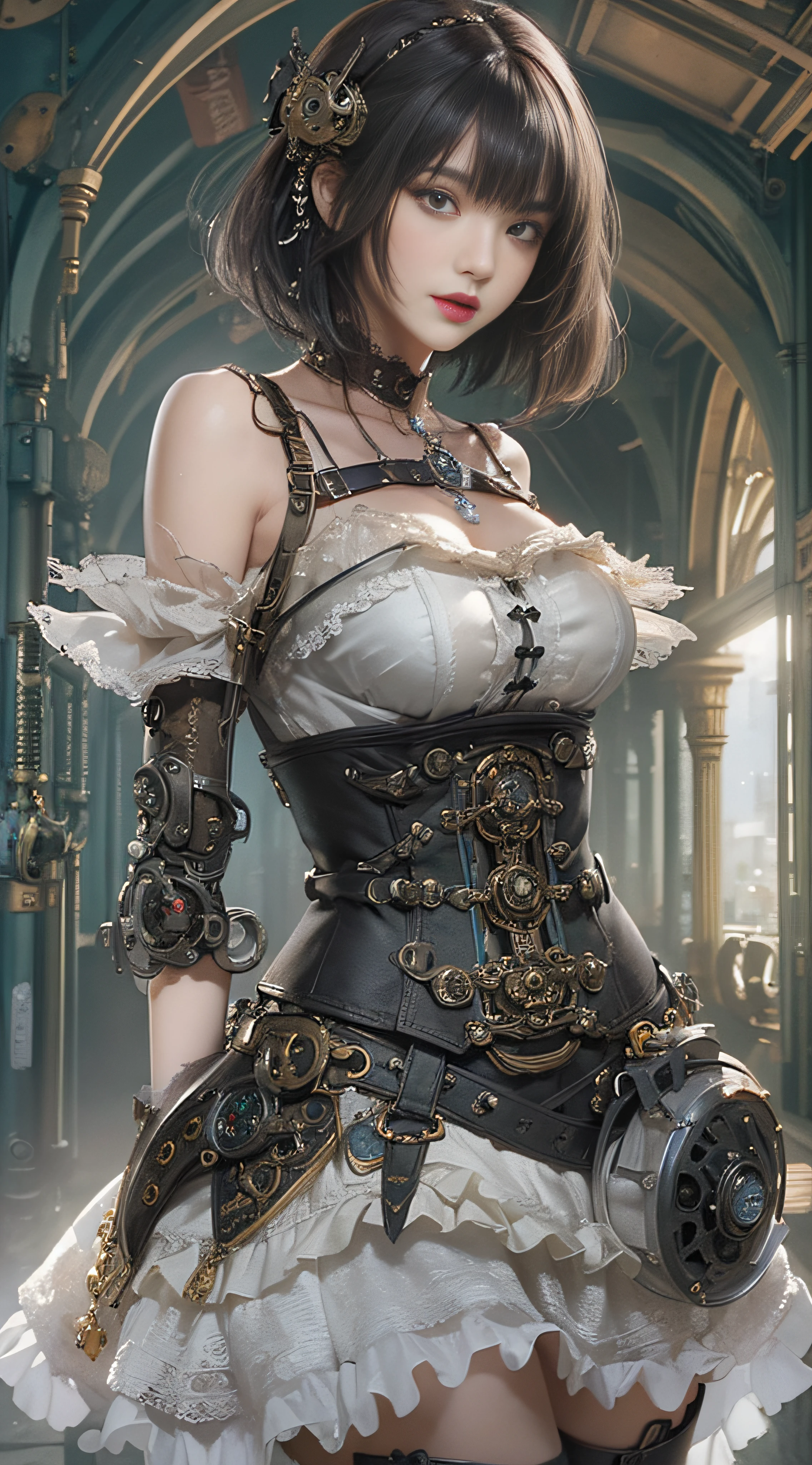 (((Masterpiece))), (((top quality))), (((super detailed))), Combat action poses, One female, (((Very Slender body))), 18 years old, (((short black bob, thick puffy bangs ))), cosmetics-free, small thin nose, small thin-lipped mouth, (((very sharp focused eyes))), large slit precision pale grey eyes, sparkling like jewels, Long eyelashes, ((Very intricate mechanical steampunk fashion, Off-shoulder gothic fashion, Excessively decorative fashion)), (((The night an abandoned, intricately mechanized steampunk factory burns and explodes))), (((overall accuracy has improved dramatically, creating a super detailed and realistic image))).