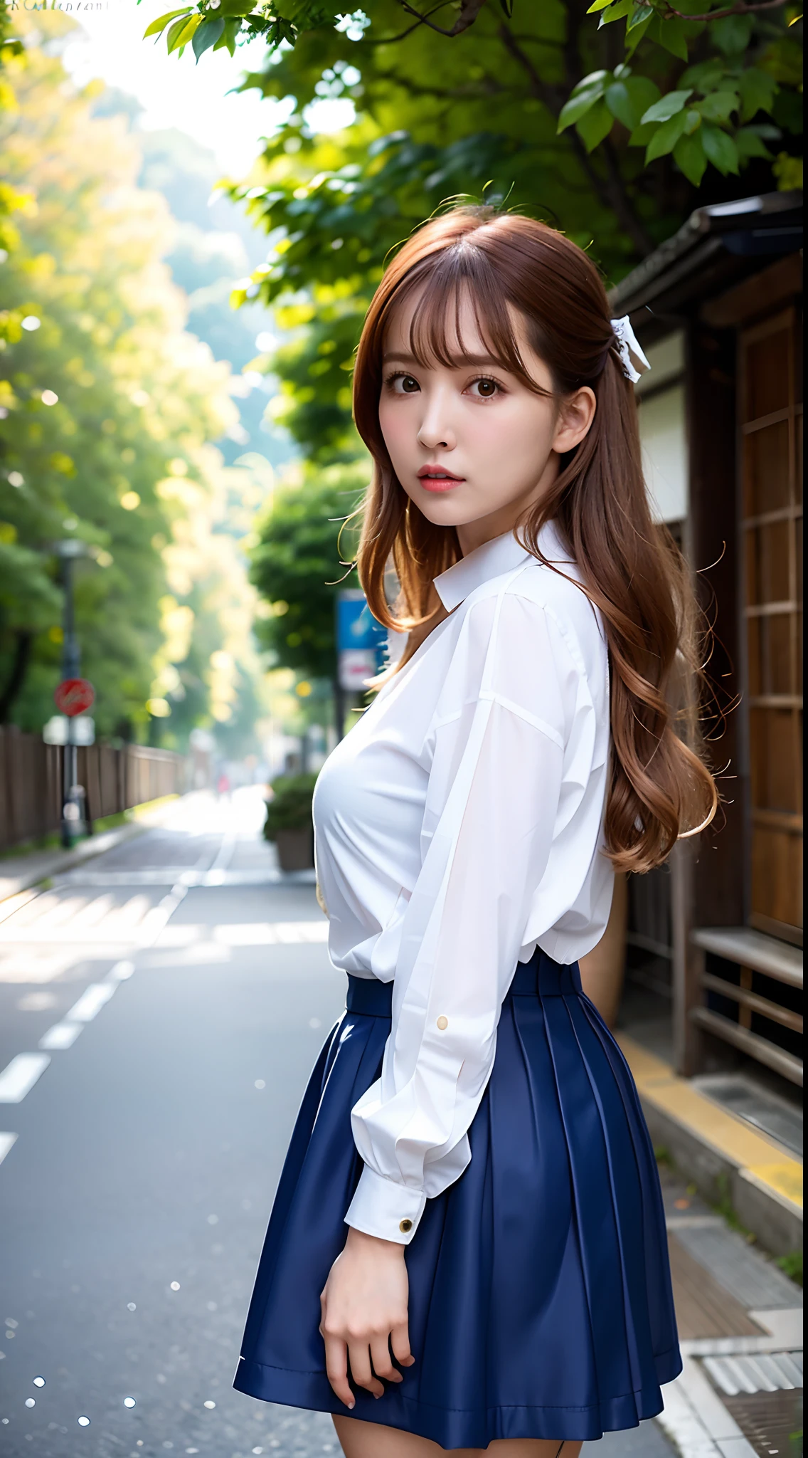iulora, 1girll, 独奏, realisticlying, best qualtiy, nikon RAW photo,8 k'',富士XT3,tmasterpiece,超高分辨率,hdr,8K,A high resolution,(realisticlying:1.4),(Realistic damp skin:1.2),(22yo:1.3),Detailed eyes,long whitr hair,(light-blonde hair:1),Close-up portrait,Small face,Qi bangs,Look at the lens at a 45-degree angle from the side of the face,Stand on the streets of Tokyo,Street depth of field,Background with,Cinematic lighting effects,Gigantic big tits:1.2,Short sleeved white shirt:1.1,Dark blue bow,Dark gray horizontal pattern short skirt,shyexpression ,Raised sexy,Lovely,is shy:1.4,jpn