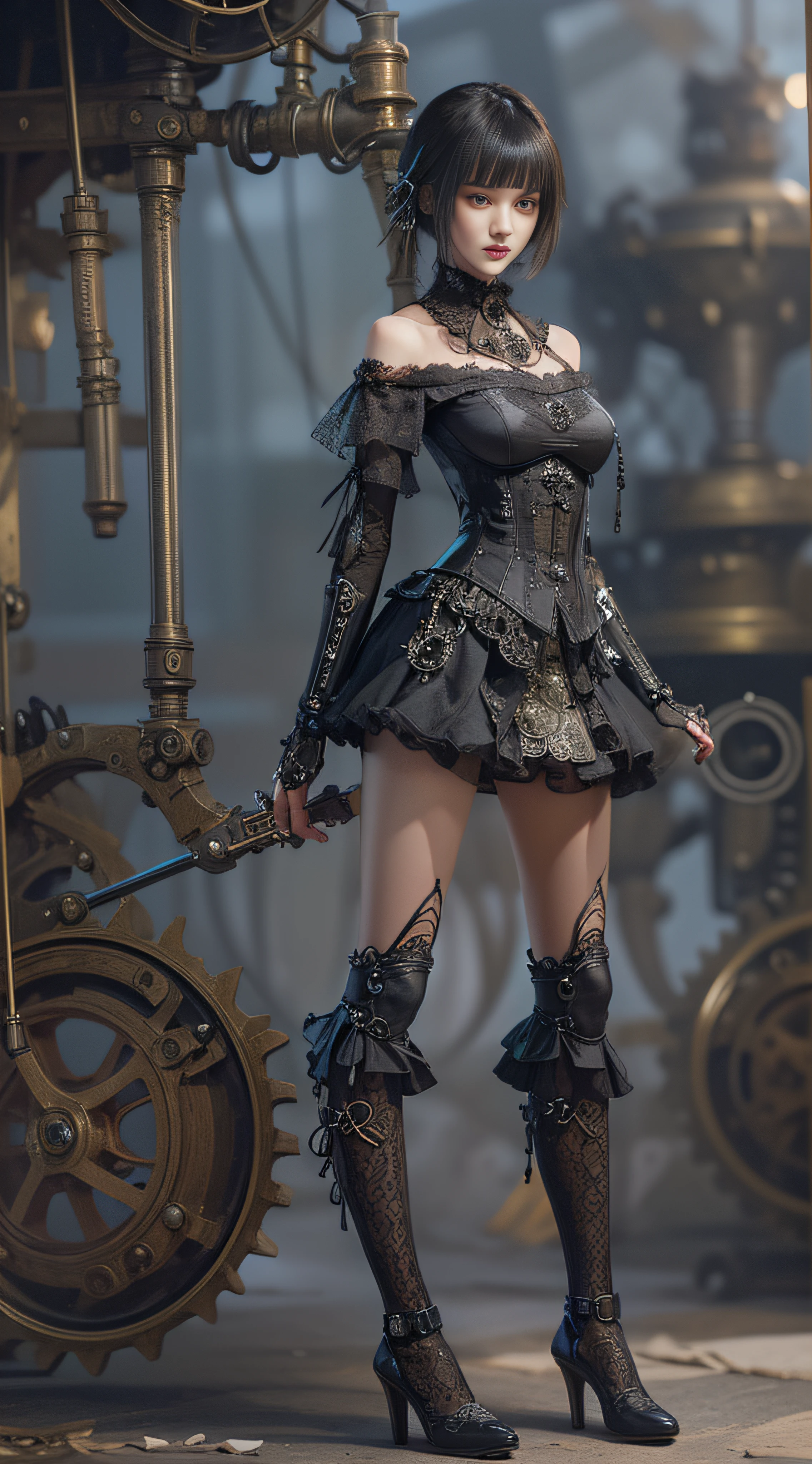 (((Masterpiece))), (((top quality))), (((super detailed))), Combat action poses, One female, (((Very very Slender body))), 18 years old, (((short black bob, thick puffy bangs ))), cosmetics-free, small thin nose, small thin-lipped mouth, (((very sharp focused eyes))), large slit precision pale grey eyes, sparkling like jewels, Long eyelashes, (((Very intricate mechanical steampunk fashion, Excessively decorative fashion, Off-shoulder sexy gothic fashion, Lace and ruffle mini skirt, Lots of jewels and lace and frills adorned the fashions))), The night an abandoned, intricately mechanized steampunk factory burns and explodes, (((overall accuracy has improved dramatically, creating a super detailed and realistic image))).