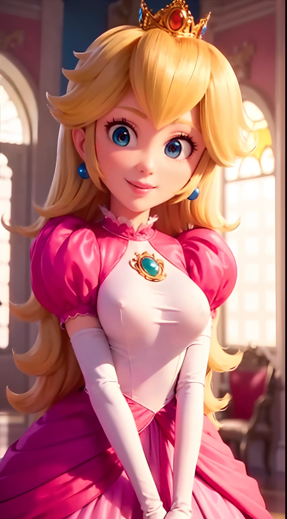 (Inside a castle setting,)  A petite Princess Peach wearing a beautiful hot pink dress, she is gentle and compassionate and is shown smiling gently, she is over 6 feet tall and wears a golden crown atop her blond hair and white gloves. With a focus on her large alluring chest, ( large chested, decolletage, (nipples vissible through clothing)), she is depicted in a close-up shot from below.