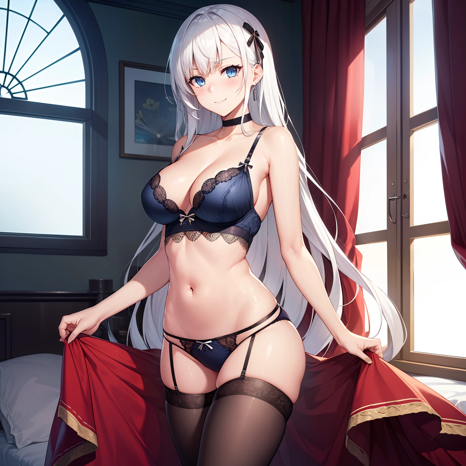 1girl,big breasts,standing in bed,(8k),detailed face,white hair,navy blue eyes,very long hair,embarassed,small smile face, high_res, high_definition,sexy pose, black Lace lingerie, (Sexy lingerie Custome:1.1),