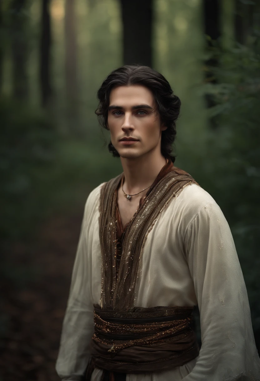 ((one man)), Fantasy portrait of a man in mithorogic costume, ((long sleaves)), with mysterious colored eyes, pale skin, and loose braided black hair, magical, beautiful, enchanting, photorealism, midshot, ((deep forest)), (((sparkle particles in the air))), ((fantasy art)), ((fireflys)),