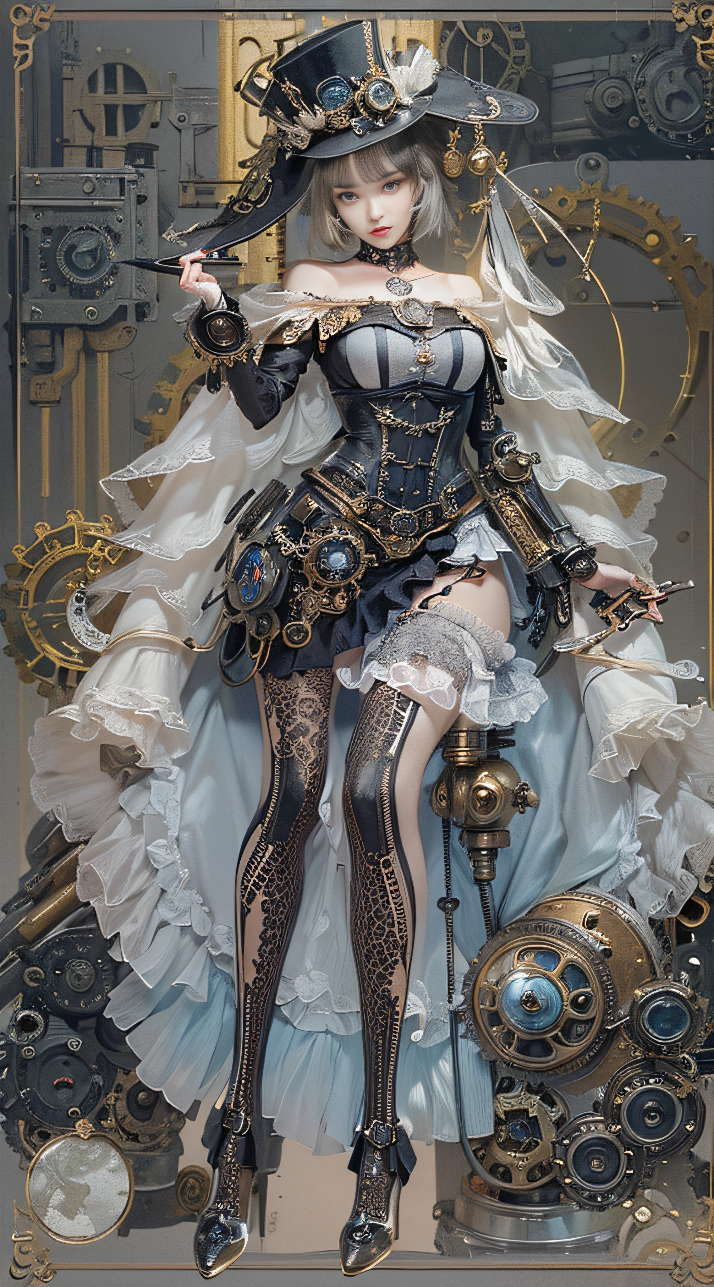 (((Masterpiece))), (((top quality))), (((super detailed))), Combat action poses, One female, (((Very very Slender body))), 18 years old, (((short black bob, thick puffy bangs ))), cosmetics-free, small thin nose, small thin-lipped mouth, (((very sharp focused eyes))), large slit precision pale grey eyes, sparkling like jewels, Long eyelashes, (((Very intricate mechanical steampunk fashion, Excessively decorative fashion, Off-shoulder sexy gothic fashion, Lace and ruffle mini skirt, Lots of jewels and lace and frills adorned the fashions))), The night an abandoned, intricately mechanized steampunk factory burns and explodes, (((overall accuracy has improved dramatically, creating a super detailed and realistic image))).