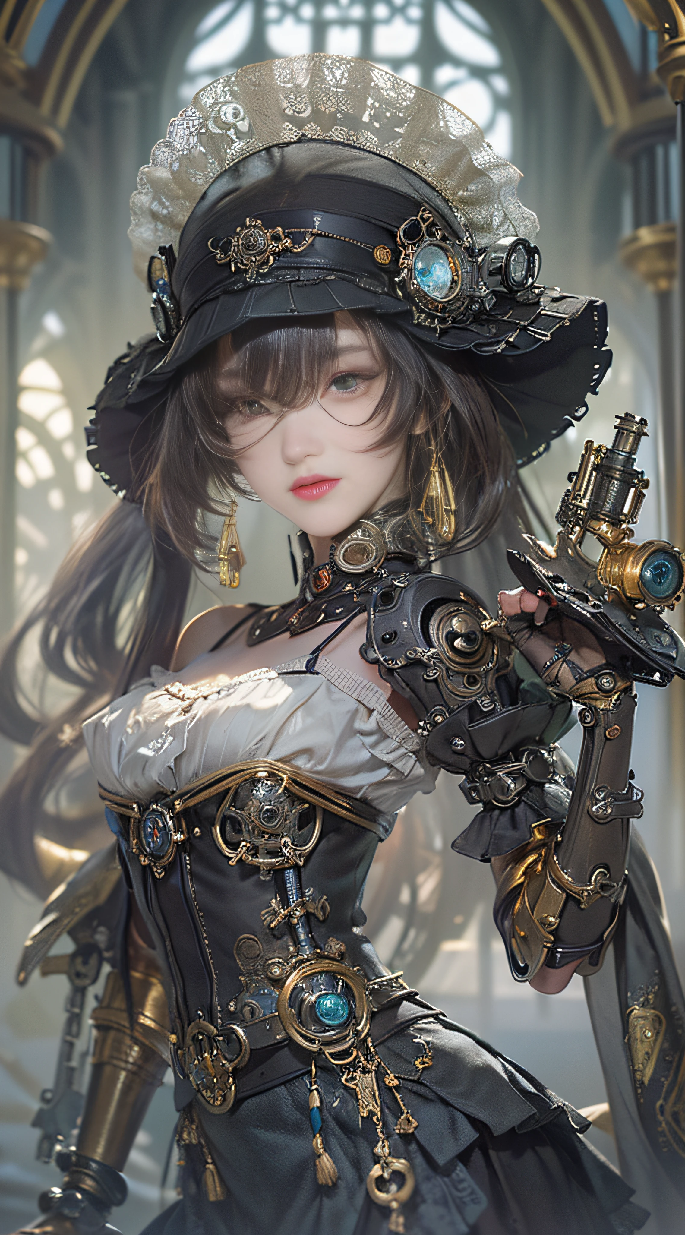 (((Masterpiece))), (((top quality))), (((super detailed))), Combat action poses, One female, (((Very very Slender body))), 18 years old, (((short black bob, thick puffy bangs ))), cosmetics-free, small thin nose, small thin-lipped mouth, (((very sharp focused eyes))), large slit precision pale grey eyes, sparkling like jewels, Long eyelashes, (((Very intricate mechanical steampunk fashion, Excessively decorative fashion, Off-shoulder sexy gothic fashion, Lace and ruffle mini skirt, Lots of jewels and lace and frills adorned the fashions))), The night an abandoned, intricately mechanized steampunk factory burns and explodes, (((overall accuracy has improved dramatically, creating a super detailed and realistic image))).