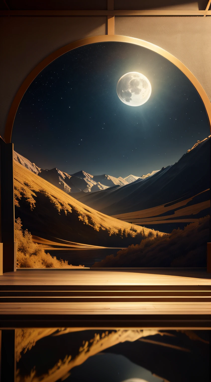 Minimalist stage design, Moon,E-commerce live streaming,Stage focus, Chinese ink landscape,Mirror Lake,Black and golden brown, High quality, Super detailed, ultra-high definition 32K UHD --ar 3:4 --V 5.2