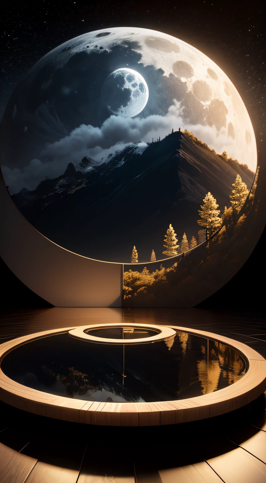 Minimalist stage design, Moon,E-commerce live streaming,Stage focus, Chinese ink landscape,Mirror Lake,Black and golden brown, High quality, Super detailed, ultra-high definition 32K UHD --ar 3:4 --V 5.2