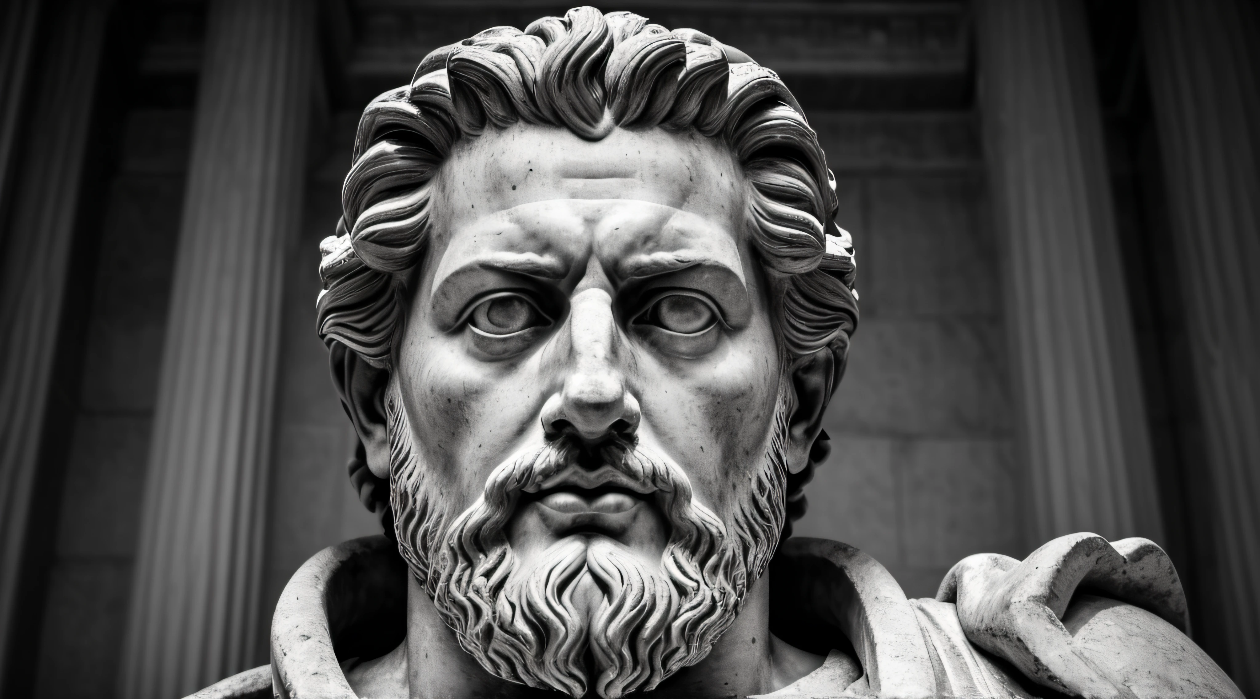 Marcus aurelius , close-up of a classic wise greek philosopher, statue in a temple, stoic posture , wisdom, cinematic feel, black and white, ultra realistic, ultra detailed and handcrafted in every aspect, dark, muscular, looking at the camera, front view, frontal angle, serious glare, serious eyes, full head visible, full head, piercing look, centered, head centered, looking to the camera, handsome face, masculine face, looking to the center, staring at the center of the image, staring at the camera, front pic