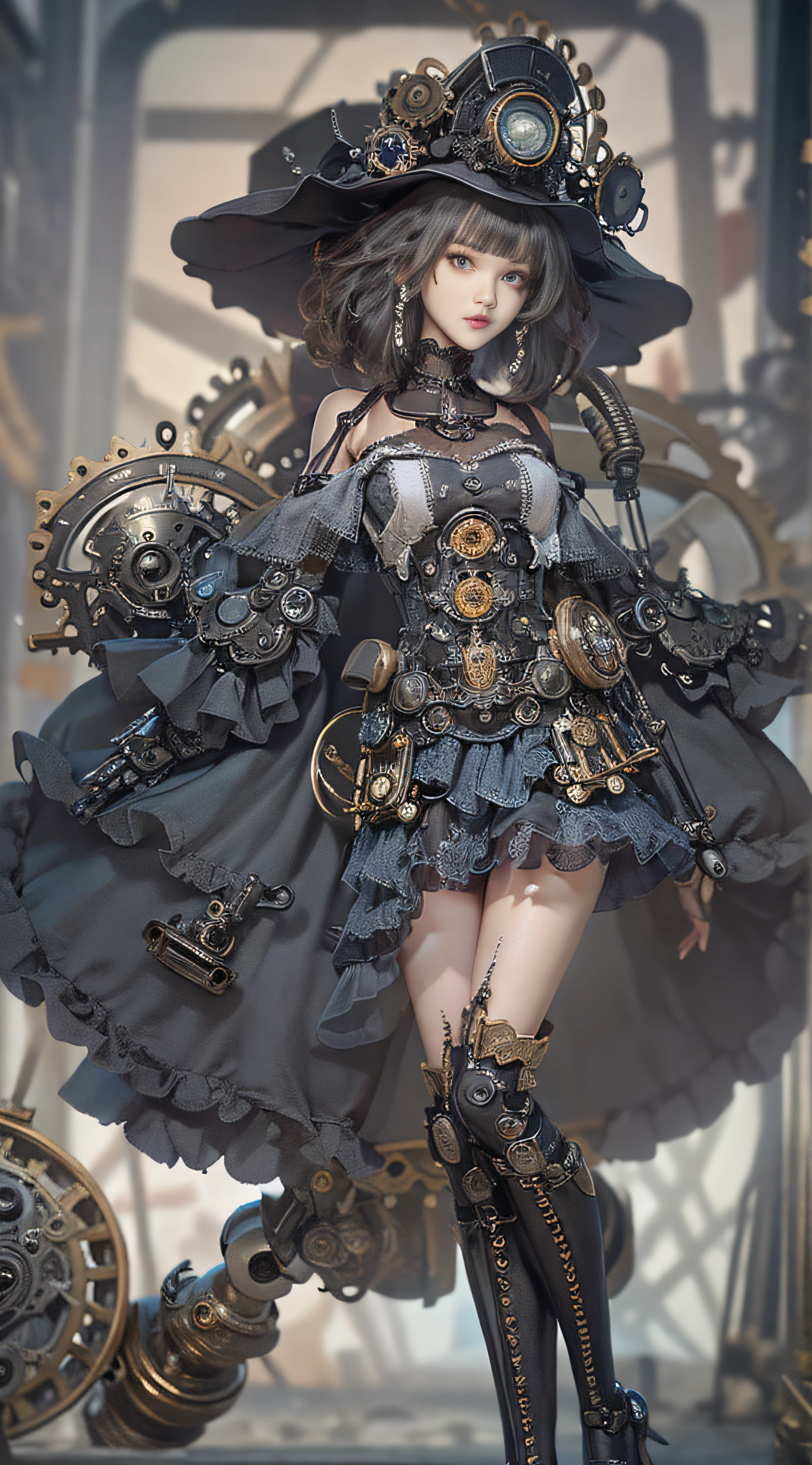 (((Masterpiece))), (((top quality))), (((super detailed))), Combat action poses, One female, (((Very very Slender body))), 18 years old, (((short black bob, thick puffy bangs ))), cosmetics-free, small thin nose, small thin-lipped mouth, (((very sharp focused eyes))), large slit precision pale grey eyes, sparkling like jewels, Long eyelashes, (((Very intricate mechanical steampunk fashion, Excessively decorative fashion, Off-shoulder sexy gothic fashion, Lace and ruffle mini skirt, Lots of jewels and lace and frills adorned the fashions))), The night an abandoned, intricately mechanized steampunk factory burns and explodes, (((overall accuracy has improved dramatically, creating a super detailed and realistic image))).