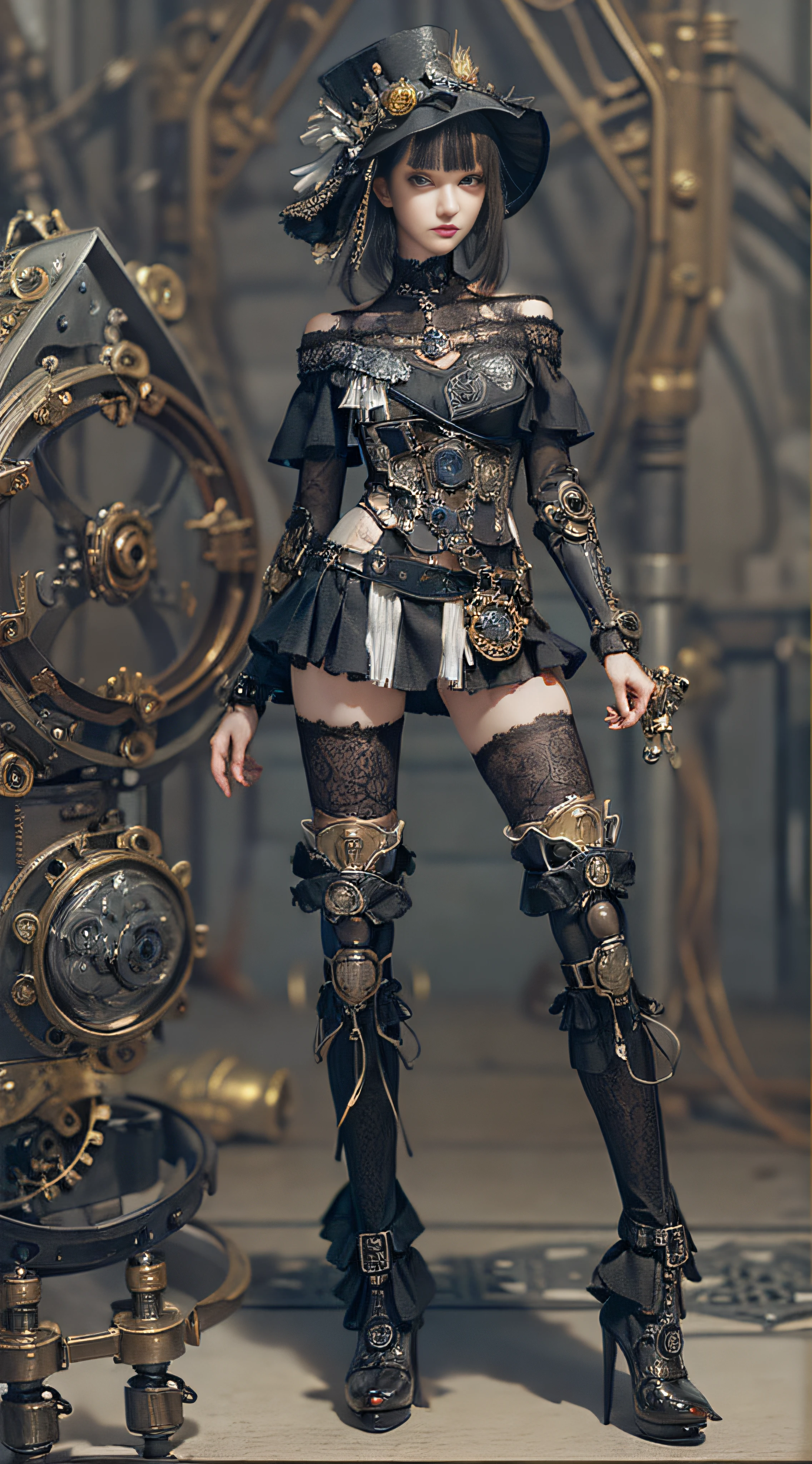 (((Masterpiece))), (((top quality))), (((super detailed))), Combat action poses, One female, (((Very very Slender body))), 18 years old, (((short black bob, thick puffy bangs ))), cosmetics-free, small thin nose, small thin-lipped mouth, (((very sharp focused eyes))), large slit precision pale grey eyes, sparkling like jewels, Long eyelashes, (((Very intricate mechanical steampunk fashion, Excessively decorative fashion, Off-shoulder sexy gothic fashion, Lace and ruffle mini skirt, Lots of jewels and lace and frills adorned the fashions))), The night an abandoned, intricately mechanized steampunk factory burns and explodes, (((overall accuracy has improved dramatically, creating a super detailed and realistic image))).