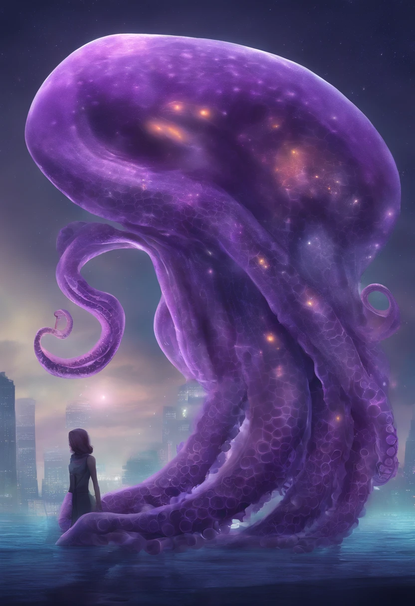 master part, melhor qualidade, [(A translucent purple octopus)+(((Vitreous skin)))] ,Luzes das estrelas，na cidade，fotorrealista, high resolution, circunstanciado, foco nítido