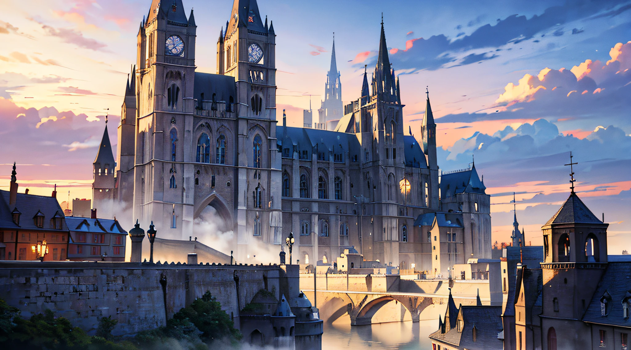 Masterpiece, best quality, 4k, 8k, absudres (best illustration), fantasy medieval city, populated, vibrant, magical, castles, buildings