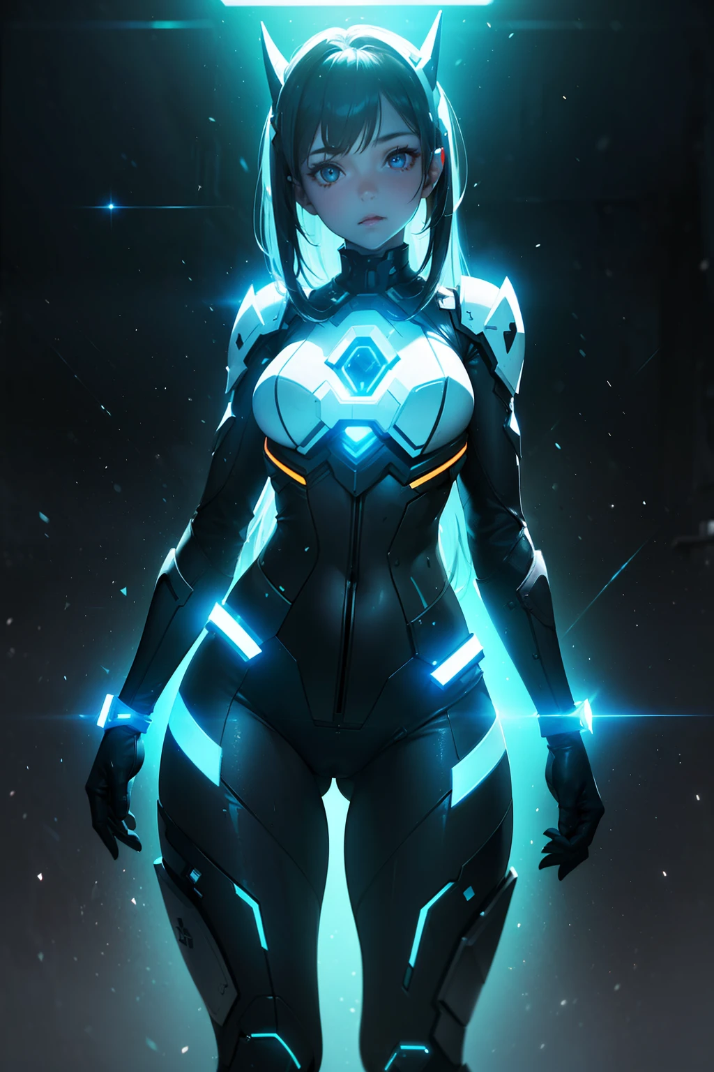 Girl (((From face to the waist view::1. 4))), realistic skin texture, front view::1.0, in complex & hyper detailed white and black plugsuit armor (((light glow effect))), dinamic panning photography move::1, midnight hour illuminationr, (masterpiece), best quality, perfect pretty face, 8k