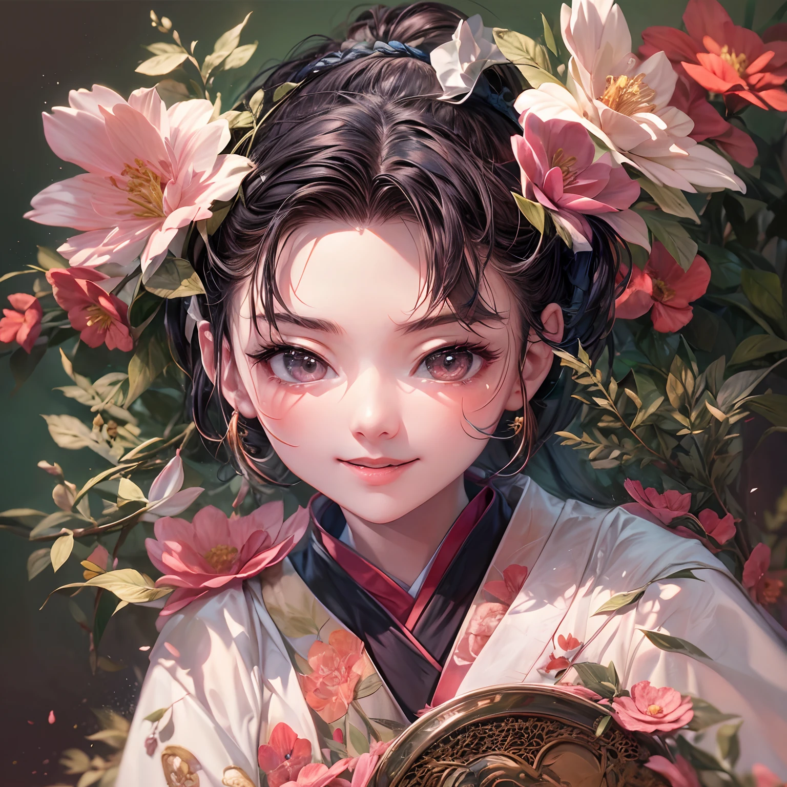 Movie Angle，（Cute girls，??????? correct，full bodyesbian，Masterpiece camellia，Masterpiece Hanfu，ssmile），（illustratio，paper art，3Drenderingof），（plethora of colors，Best quality，high detal，tmasterpiece，Cinematic lighting effects，4K，Chiaroscuro）