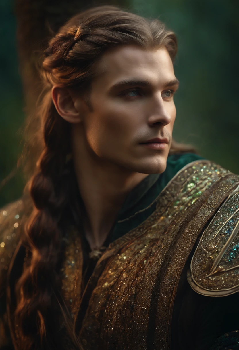 ((one man)), Fantasy portrait of a man in mithorogic costume, ((long sleaves)), with mysterious colored eyes, pale skin, and loose braided hair, magical, beautiful, enchanting, photorealism, midshot, ((deep forest)), (((sparkle particles in the air))), ((fantasy art)), ((fireflys)),