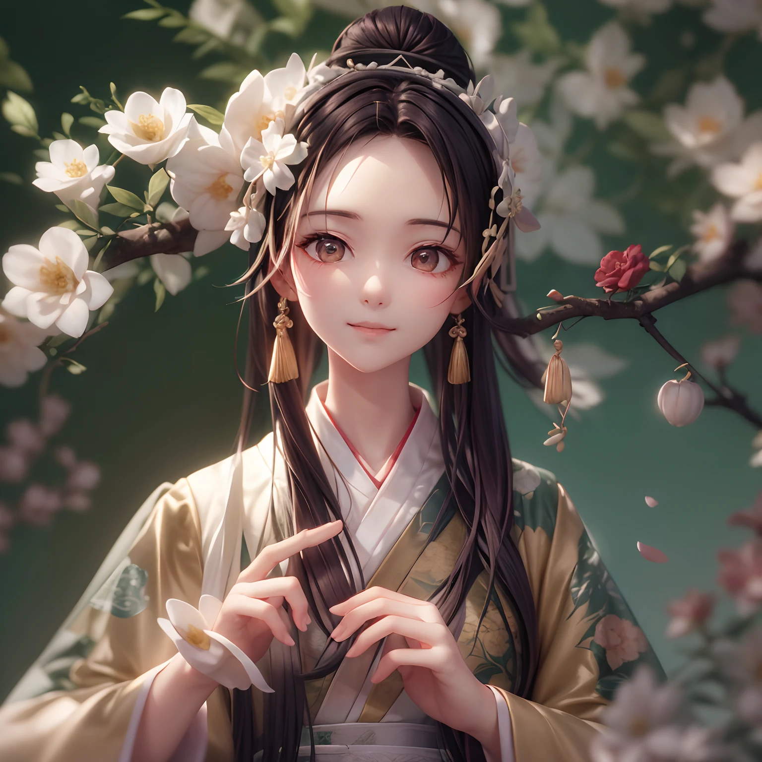 Movie Angle，（Cute girls，??????? correct，full bodyesbian，Masterpiece camellia，Masterpiece Hanfu，ssmile），（illustratio，paper art，3Drenderingof），（plethora of colors，Best quality，high detal，tmasterpiece，Cinematic lighting effects，4K，Chiaroscuro）
