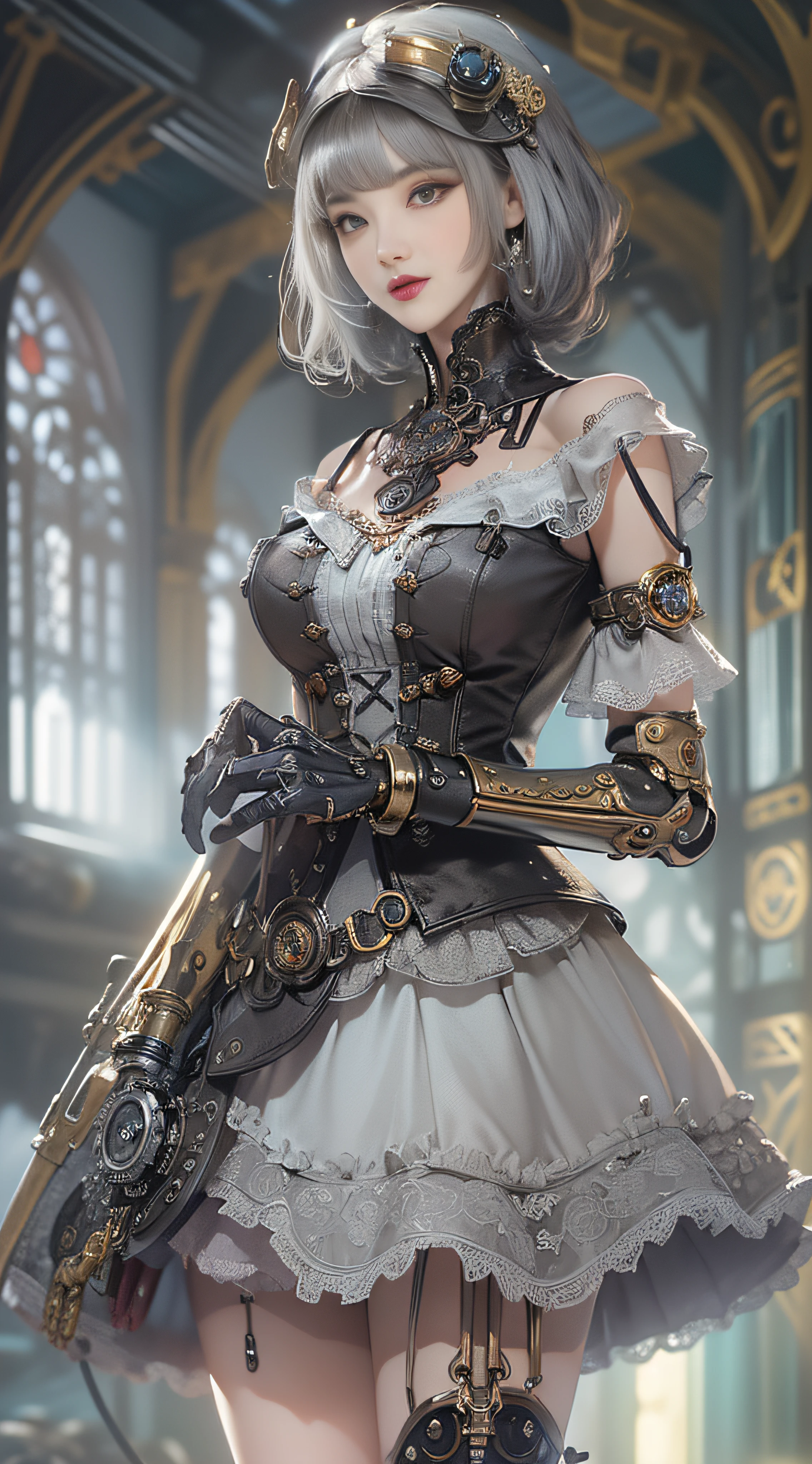 (((Masterpiece))), (((top quality))), (((super detailed))), Combat action poses, One female, (((Very very Slender body))), 18 years old, (((short black bob, thick puffy bangs ))), cosmetics-free, small thin nose, small thin-lipped mouth, (((very sharp focused eyes))), large slit precision pale grey eyes, sparkling like jewels, Long eyelashes, (((Very intricate mechanical steampunk fashion, Excessively decorative fashion, Off-shoulder sexy gothic fashion, Lace and ruffle mini skirt, Lots of jewels and lace and frills adorned the fashions))), The night an abandoned, intricately mechanized steampunk factory burns and explodes, (((overall accuracy has improved dramatically, creating a super detailed and realistic image))).