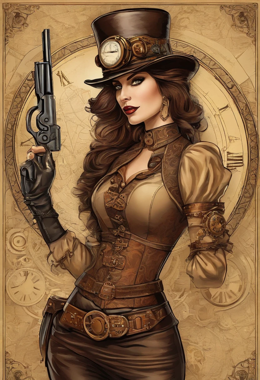 There's a woman wearing a Steam Punk hat and holding a gun.., menina Steampunk, usando trajes Steampunk, menina inventora steampunk, (Steampunk), ( Steampunk ), estilo steampunk, Steam-punk, Steampunk Fiction, steampunk aesthetic, uma deusa Steampunk bonita, steampunk mulher anime bonita, Steampunk, fantasia Steampunk, estilo de fantasia steampunk, arte steampunk, arte digital steampunk, roupas Steampunk