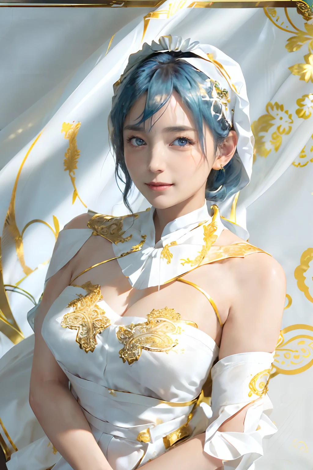 Genshin, genshin, Ganyu, Gan Yu, (calf horn), (grass gray hair), shawl long hair, (blue eyes), bare shoulders, bell necklace, black belly pocket, one-piece sheer vest, short cheongsam skirt, tight black stockings, traditional Chinese background, front lighting, HD, 8K, rich face details, look at the camera