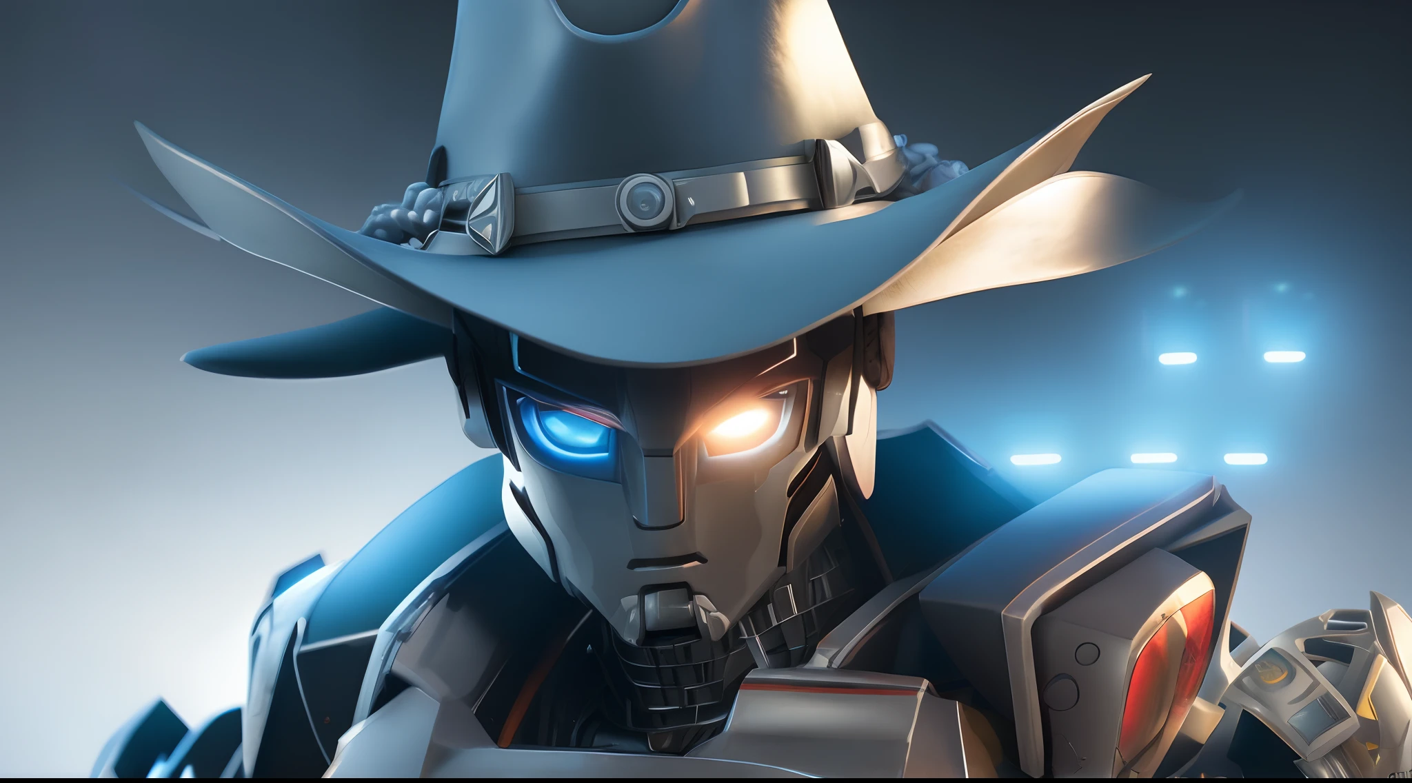 Robot metal face glowing blue eyes sexy wearing robotic cowboy hat transformer