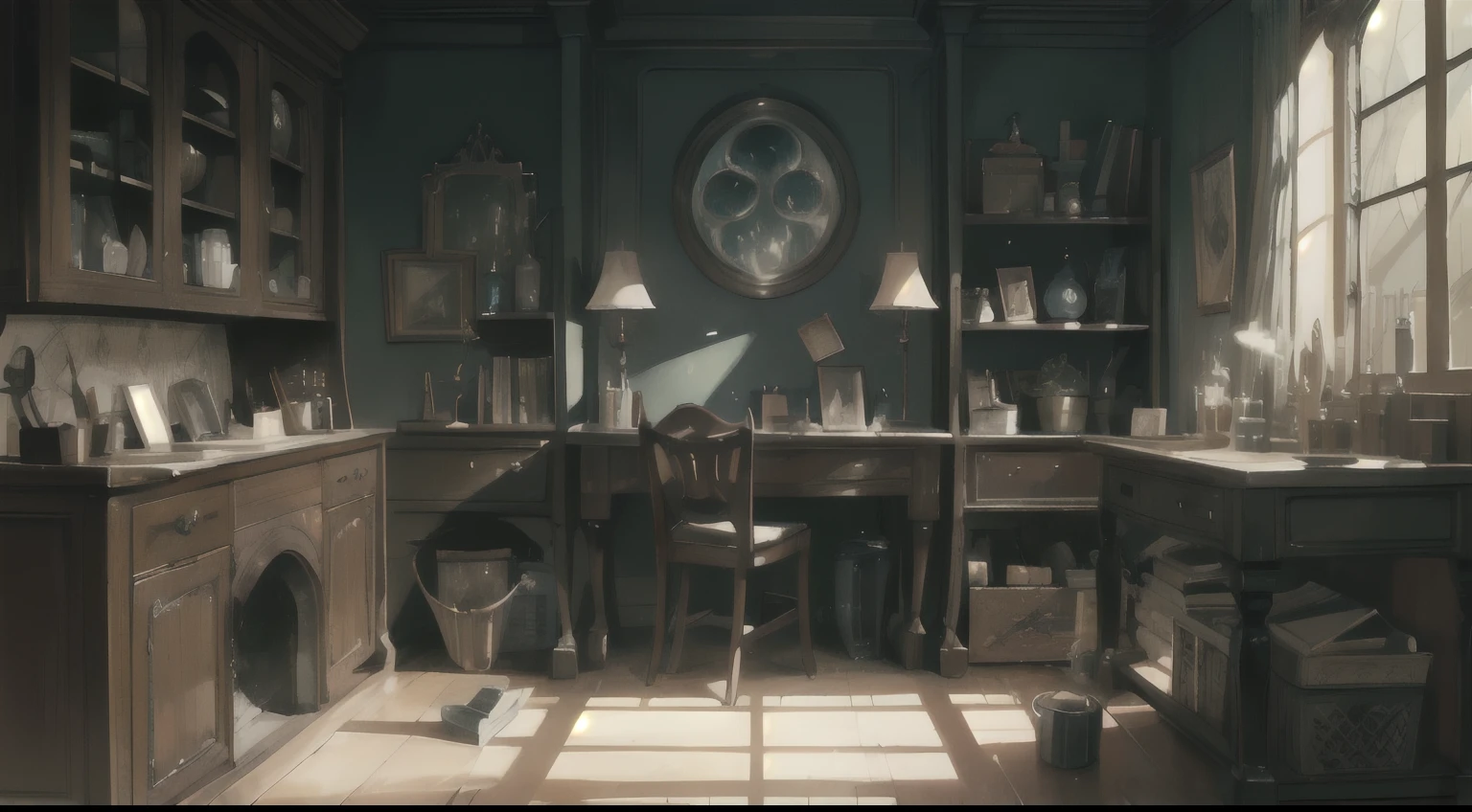 (Background art) , frontal composition, (Magic Workshop), (dimly lit room), interior scenes, witch theme, (potion, broomstick, cauldron, spooky, dark room) , (Glowing goods, Settlement desk, A table where items are kept, Magic potion, Magic Book)+ , large pot on the furnace in a dimly lit room, a mushy liquid bubbles up inside the pot, Water vapor rising from the pot, suspiciously glowing spellbook float in the air, decorated wall, crystal ball enshrined on the desk, Celtic letters shine in the air, masterpiece, floating, high saturation, professional photoshoot
