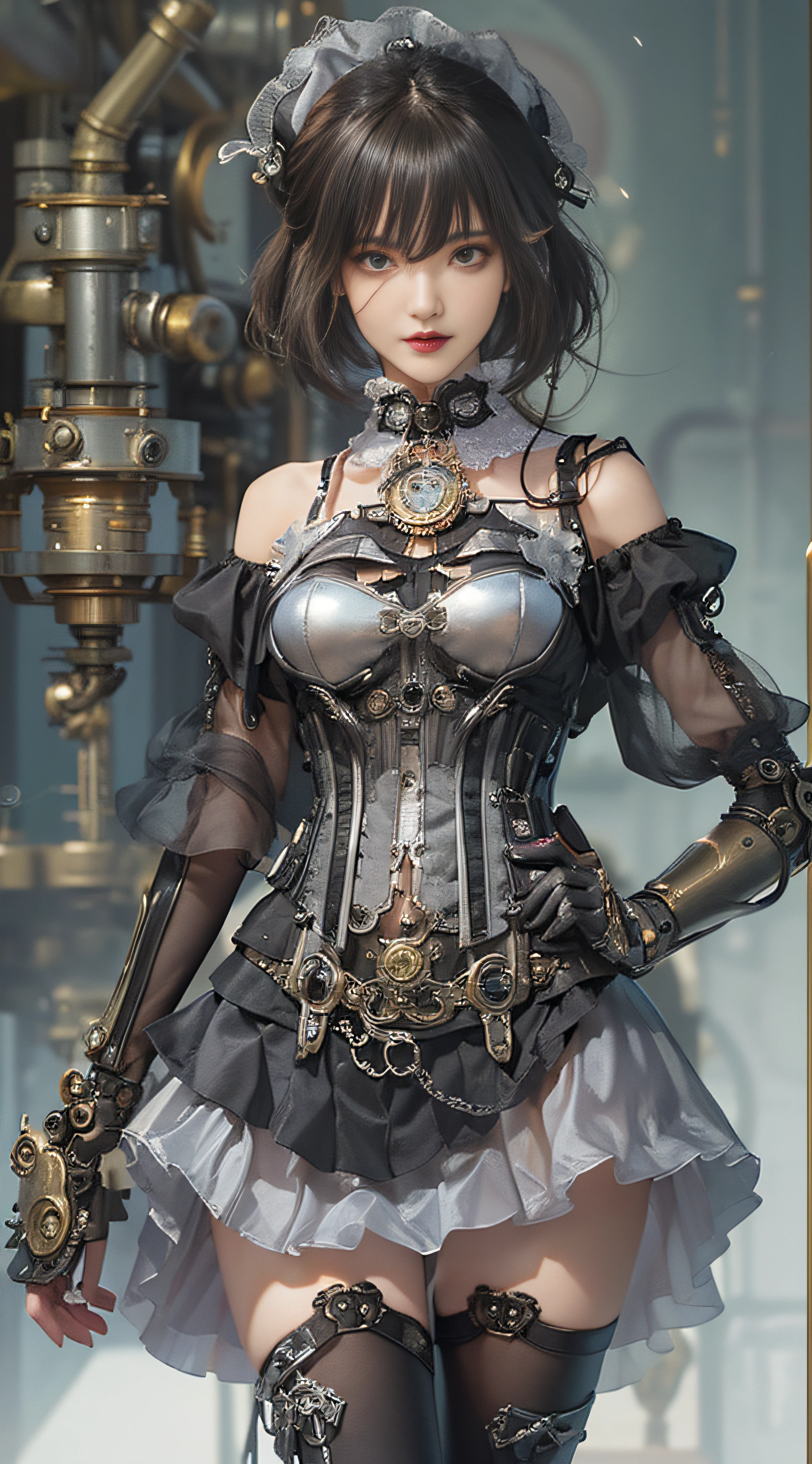(((Masterpiece))), (((top quality))), (((super detailed))), Combat action poses, One female, (((Very very Slender body))), 18 years old, (((short black bob, thick puffy bangs ))), cosmetics-free, small thin nose, small thin-lipped mouth, (((very sharp focused eyes))), large slit precision pale grey eyes, sparkling like jewels, Long eyelashes, (((Very intricate mechanical steampunk fashion, Excessively decorative fashion, Off-shoulder sexy gothic fashion, Lace and ruffle mini skirt, Lots of jewels and lace and frills adorned the fashions))), The night an abandoned, intricately mechanized steampunk factory burns and explodes, (((overall accuracy has improved dramatically, creating a super detailed and realistic image))).
