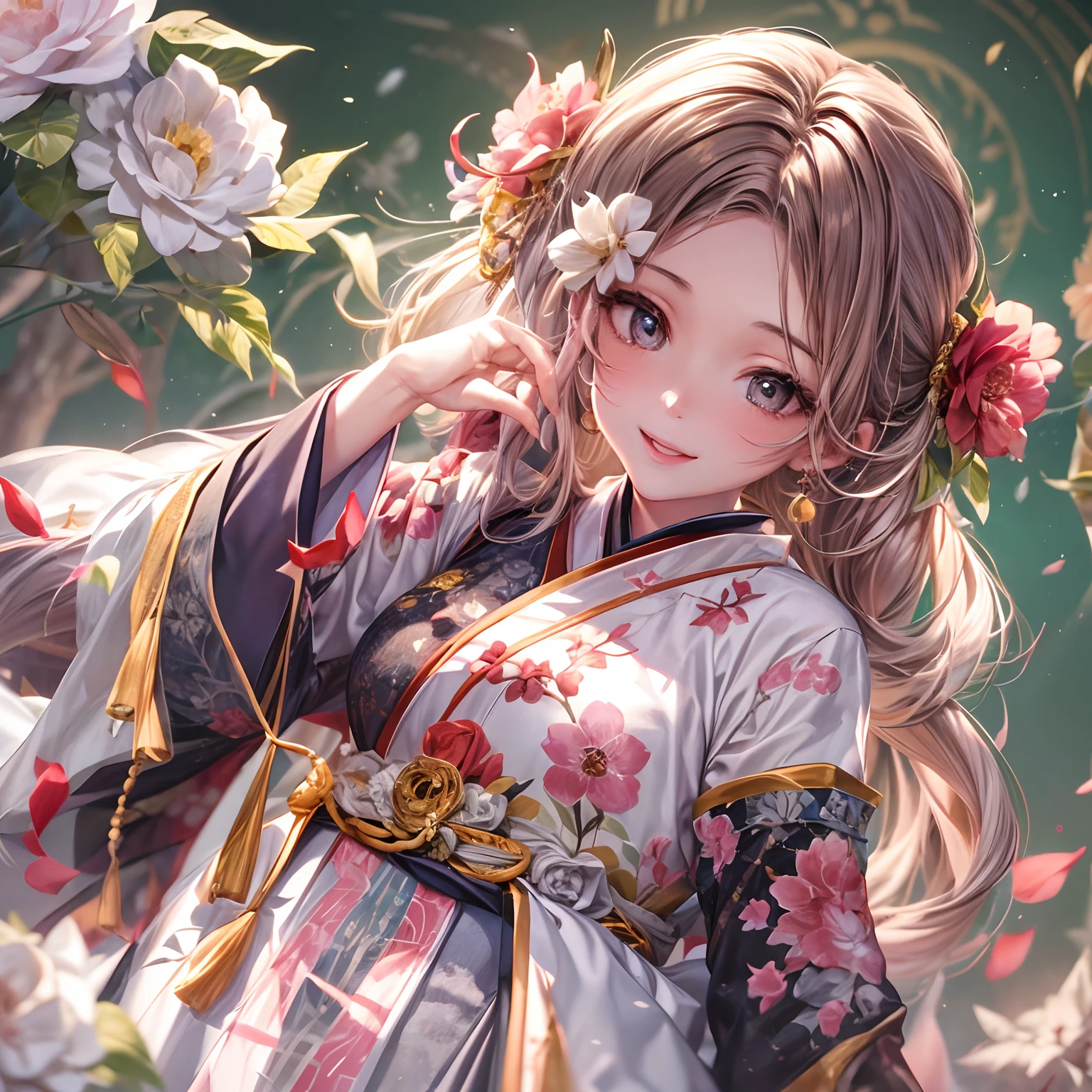Movie Angle,(Cute girls,anatomy correct,full bodyesbian,Masterpiece camellia,Masterpiece Hanfu,ssmile),(illustratio,paper art,3Drenderingof),(plethora of colors,Best quality,high detal,tmasterpiece,Cinematic lighting effects,4K,Chiaroscuro)