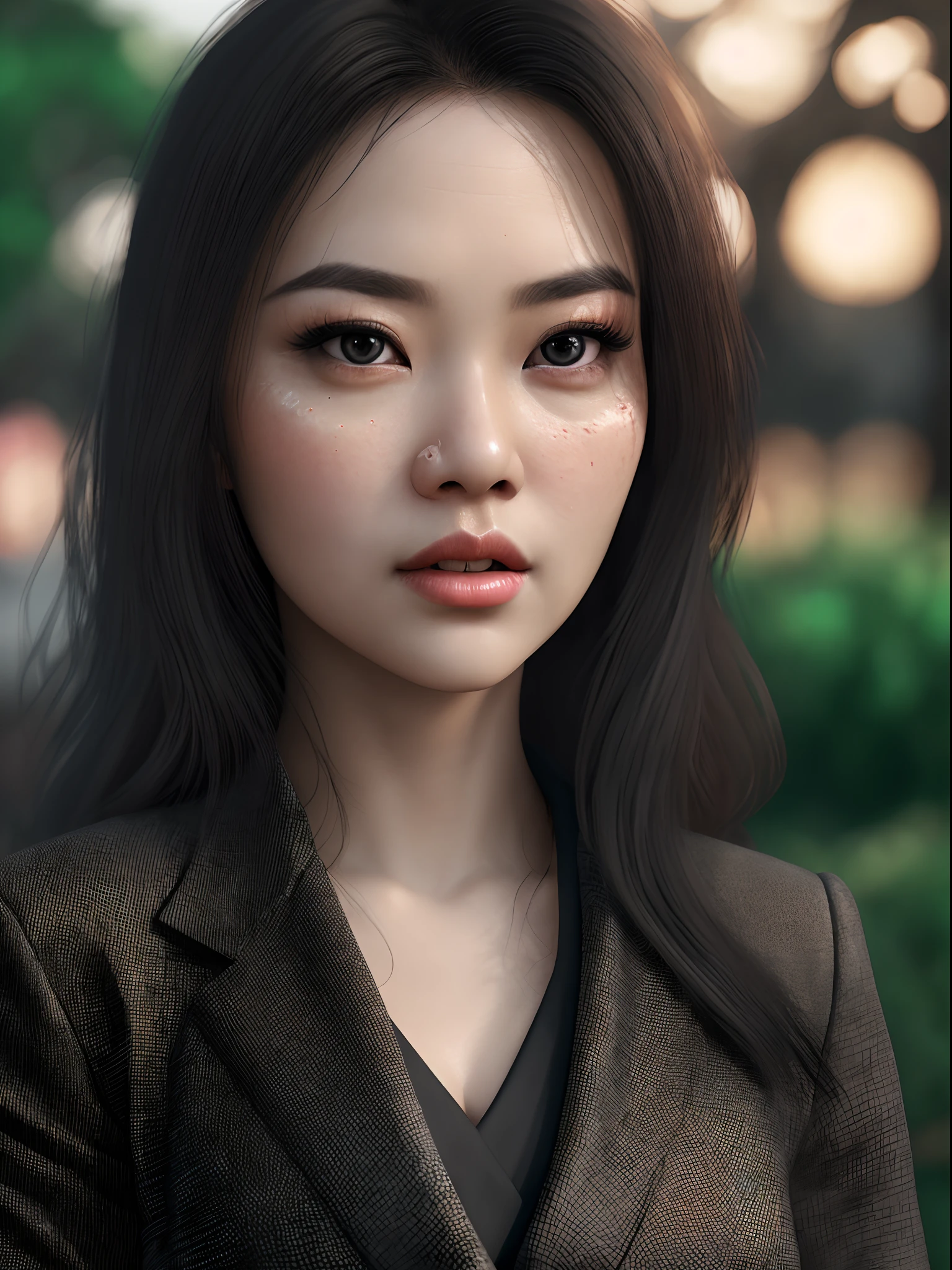 best quality, masterpiece, Indonesian woman, Big eyes, beautiful face, (photo realistic:1.3), rim lighting, (high detailed skin:1.2), 8k uhd, dslr, high quality, high resolution, 4k, 8k, Bokeh chic dress, best ratio four finger and one thumb, (realistic:1.3), wearing black formal blazer, medium breasts