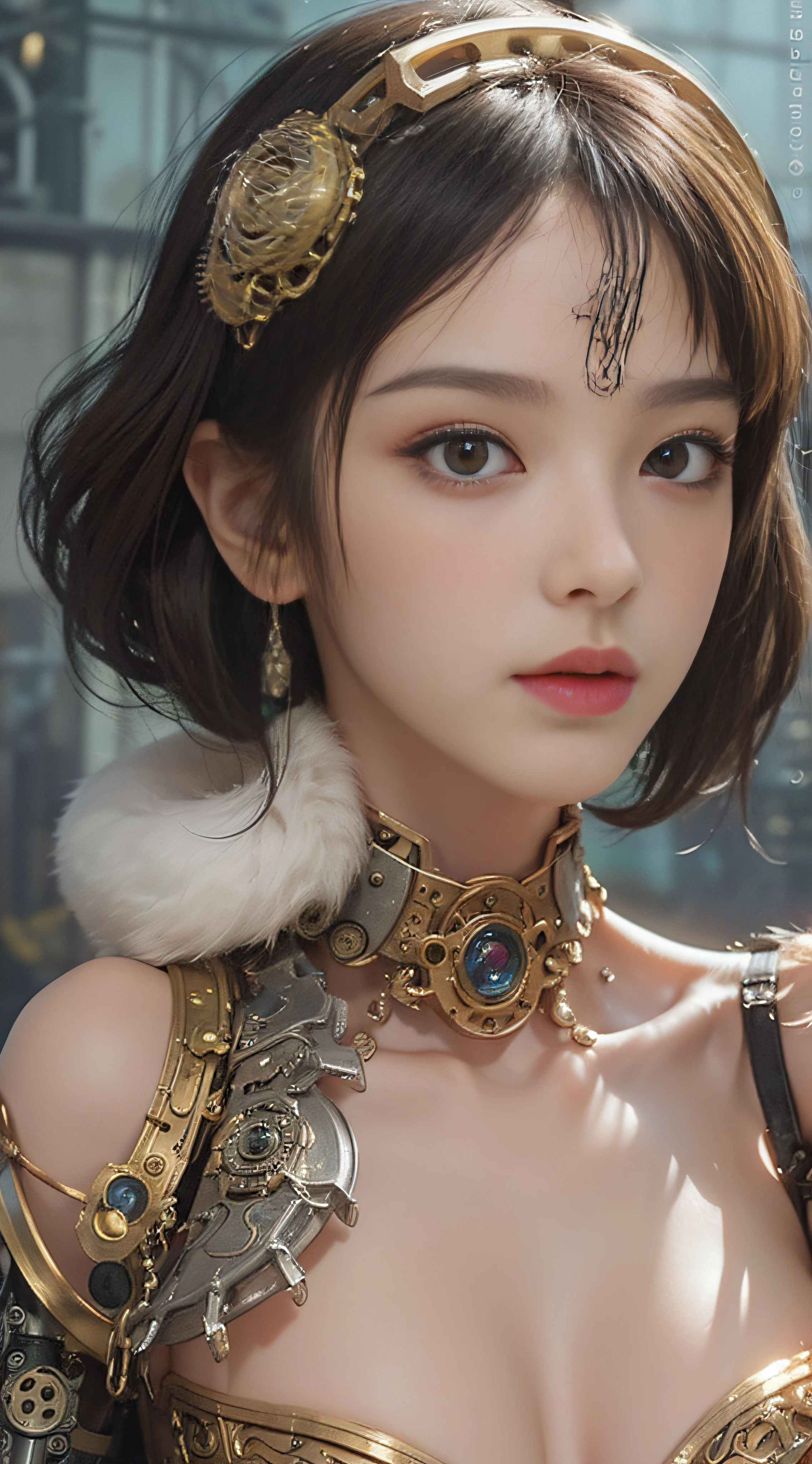 (((Masterpiece))), (((top quality))), (((super detailed))), Combat action poses, One female, (((Very Slender body))), 18 years old, (((short black bob, thick puffy bangs ))), cosmetics-free, small thin nose, small thin-lipped mouth, (((very sharp focused eyes))), large slit precision pale grey eyes, sparkling like jewels, Long eyelashes, ((Very intricate mechanical steampunk fashion, Off-shoulder gothic fashion, Excessively decorative fashion)), (((The night an abandoned, intricately mechanized steampunk factory burns and explodes))), (((overall accuracy has improved dramatically, creating a super detailed and realistic image))).
