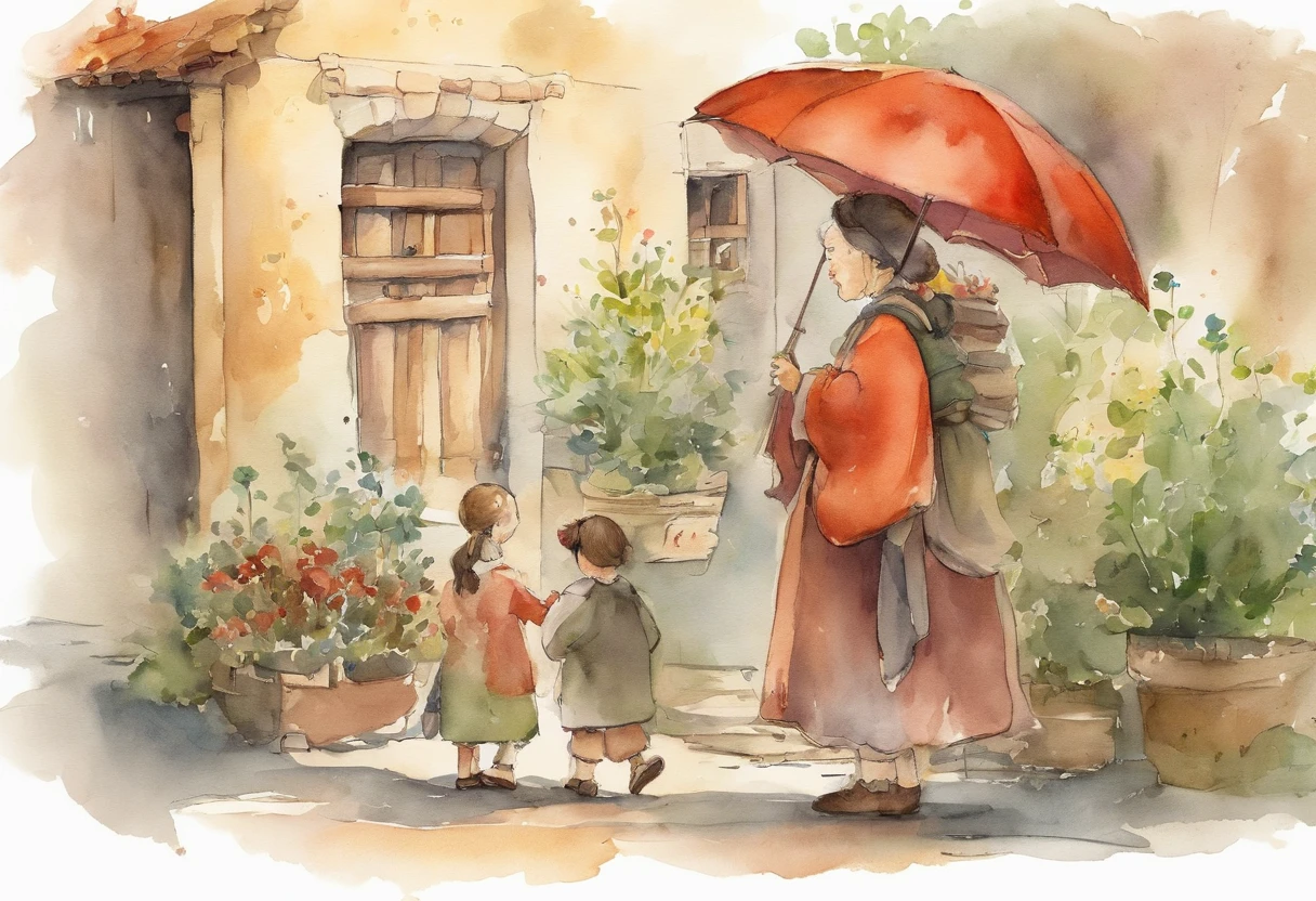 Ghibli style Simple illustration style、kawaii、A young girl holds an old grandmother、独奏、Character drawing,banners