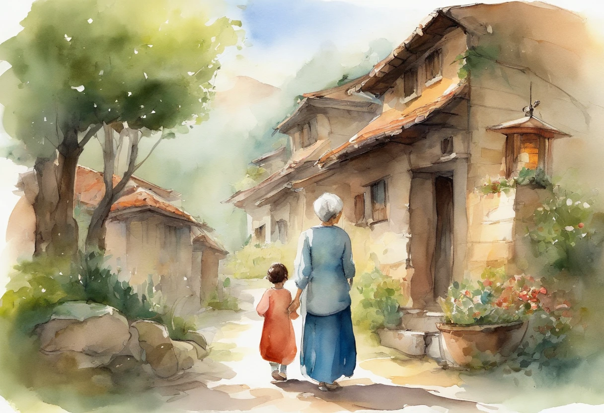 Ghibli style　Simple illustration style、kawaii、A young girl holds an old grandmother、独奏、Character drawing，banners