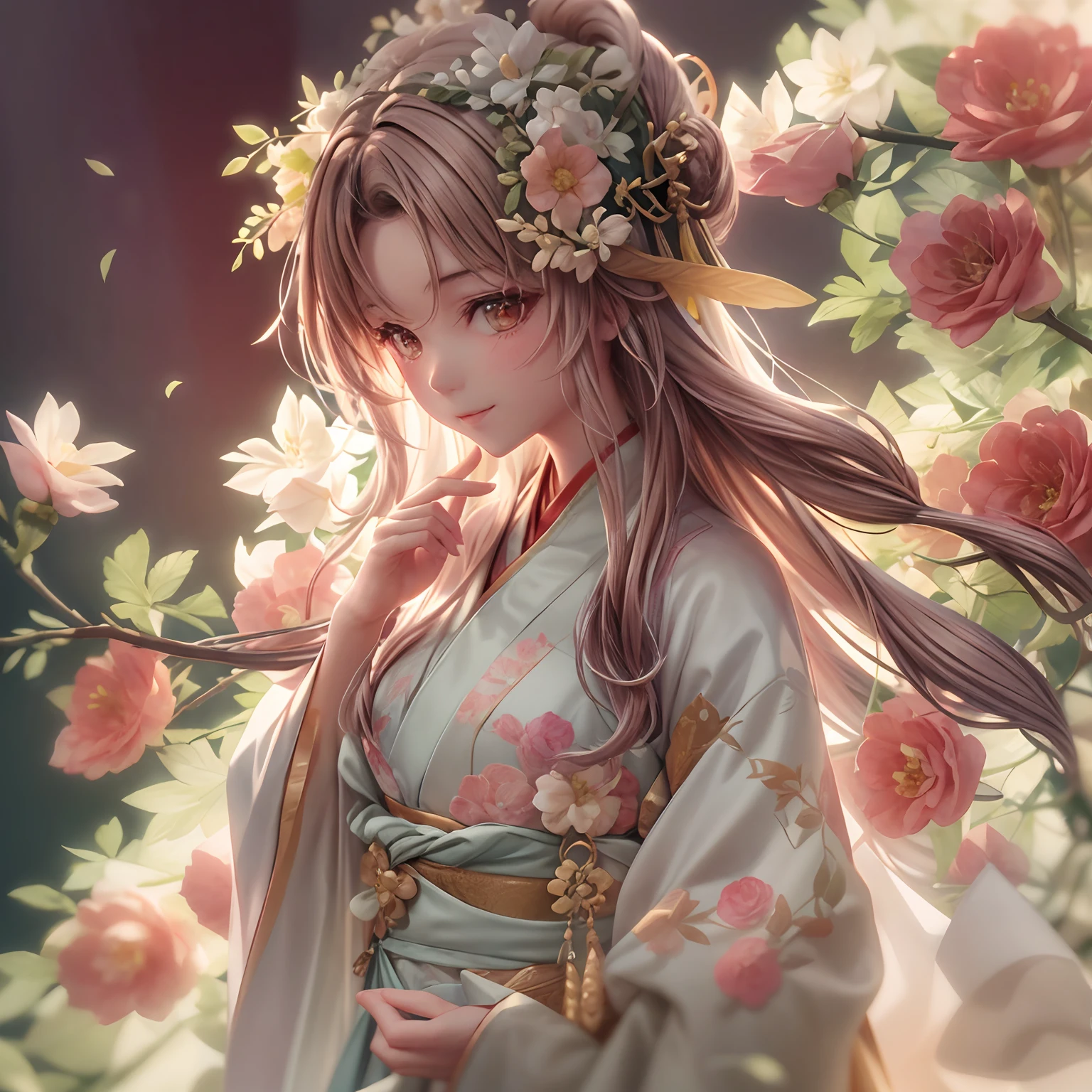 Movie Angle,(A cute girl,Single,anatomy correct,full bodyesbian,Masterpiece camellia,Representative work Hanfu,ssmile),(illustratio,paper art,3Drenderingof),(plethora of colors,Best quality,high detal,tmasterpiece,Cinematic lighting effects,4K,Chiaroscuro)
